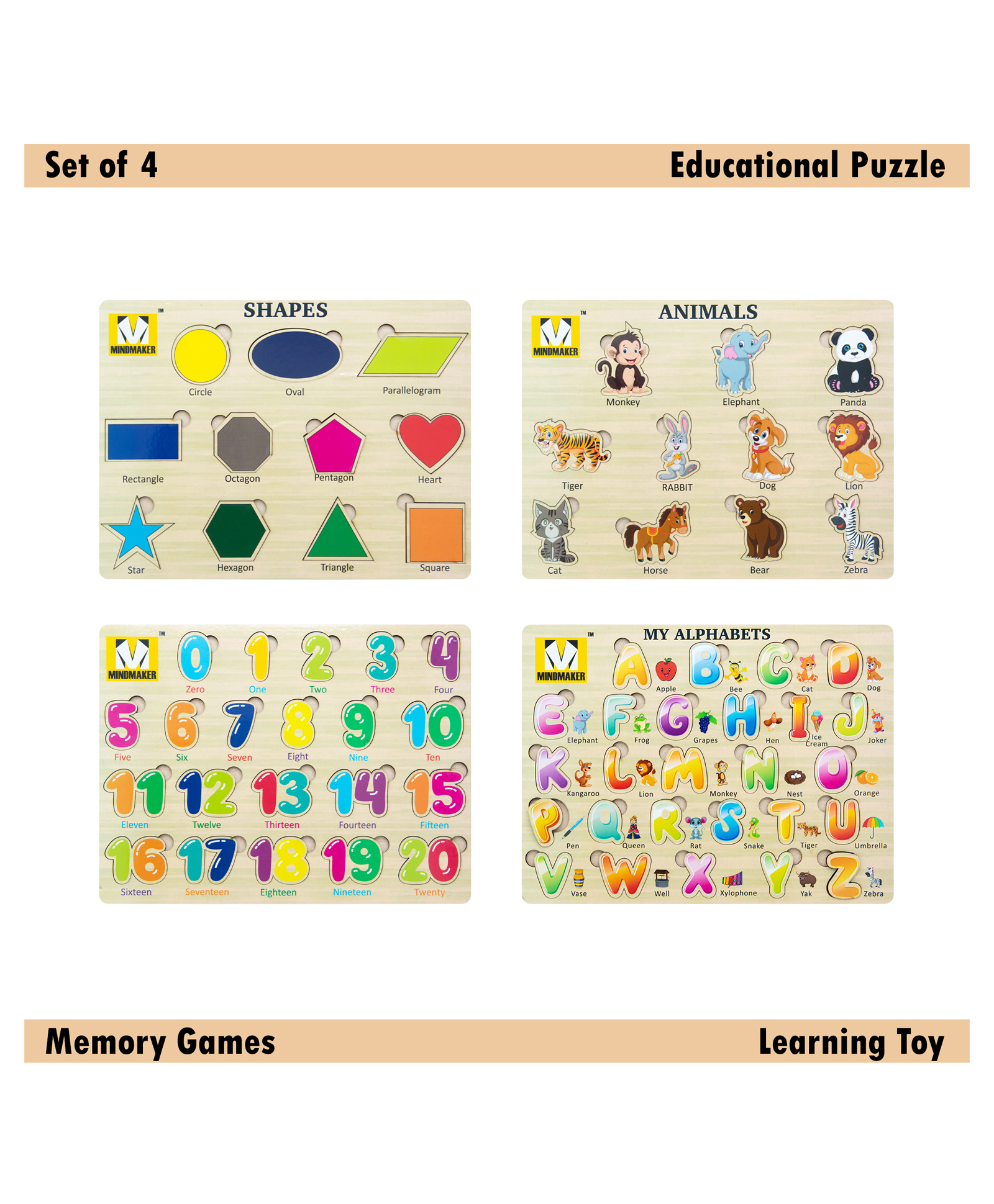 Mindmaker - Wooden Puzzle Without Knobs Educational and Learning Toy for Kids (Set of 4 Puzzles)-picture-21