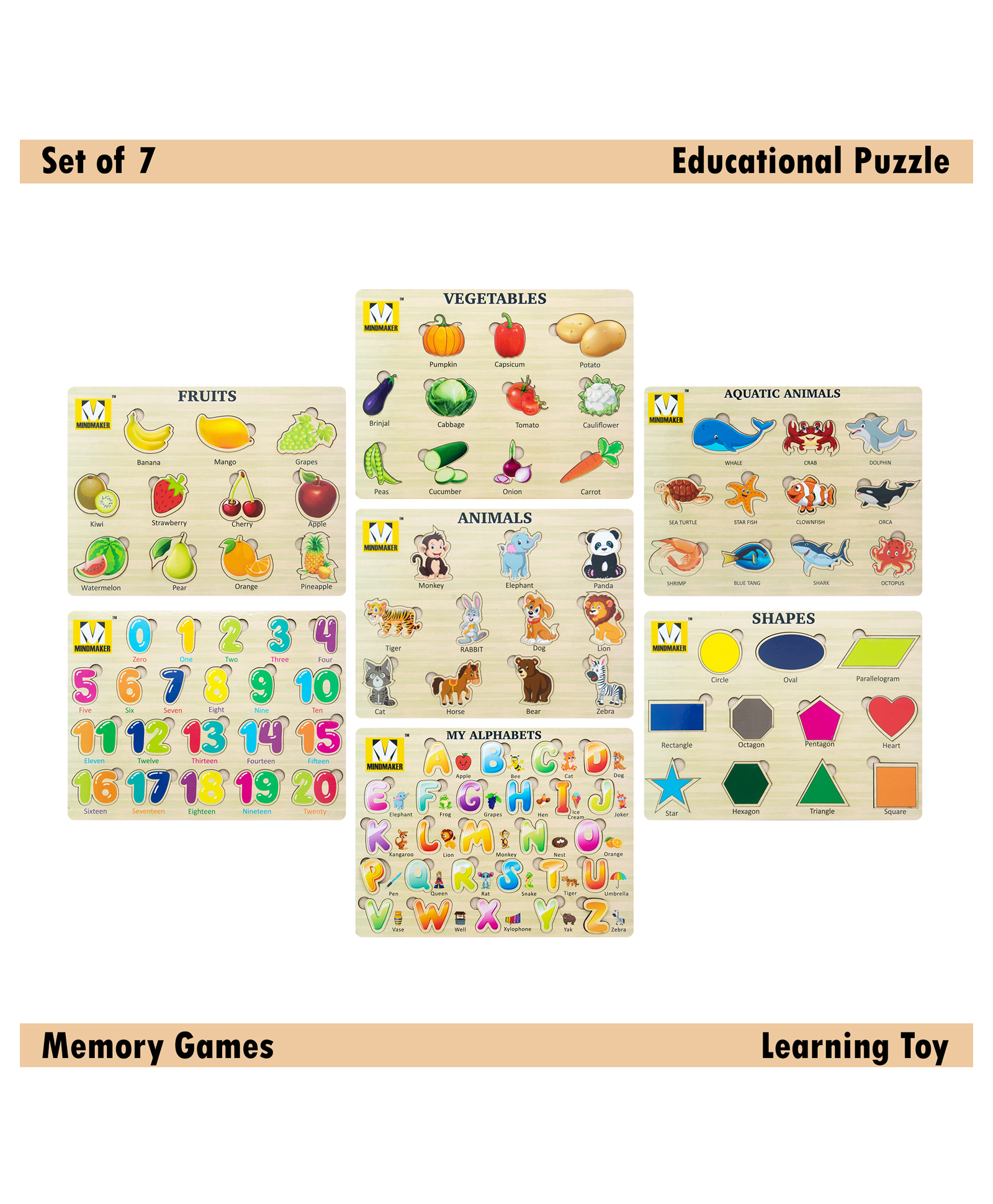 Mindmaker - Wooden Puzzle Without Knobs Educational and Learning Toy for Kids (Set of 7 Puzzles)(Color May Vary)-picture-38