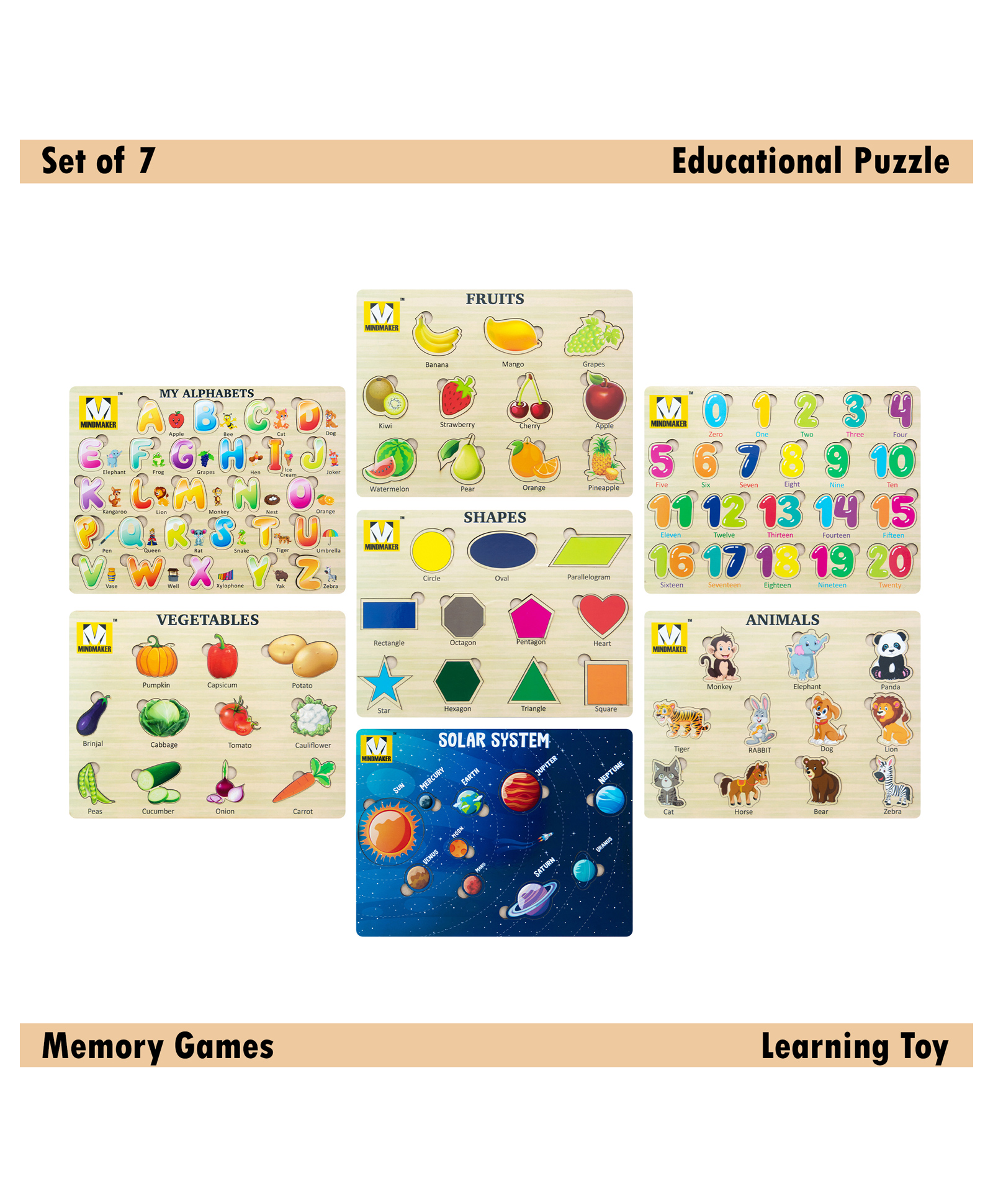 Mindmaker - Wooden Puzzle Without Knobs Educational and Learning Toy for Kids (Set of 7 Puzzles)(Color May Vary)-image-28