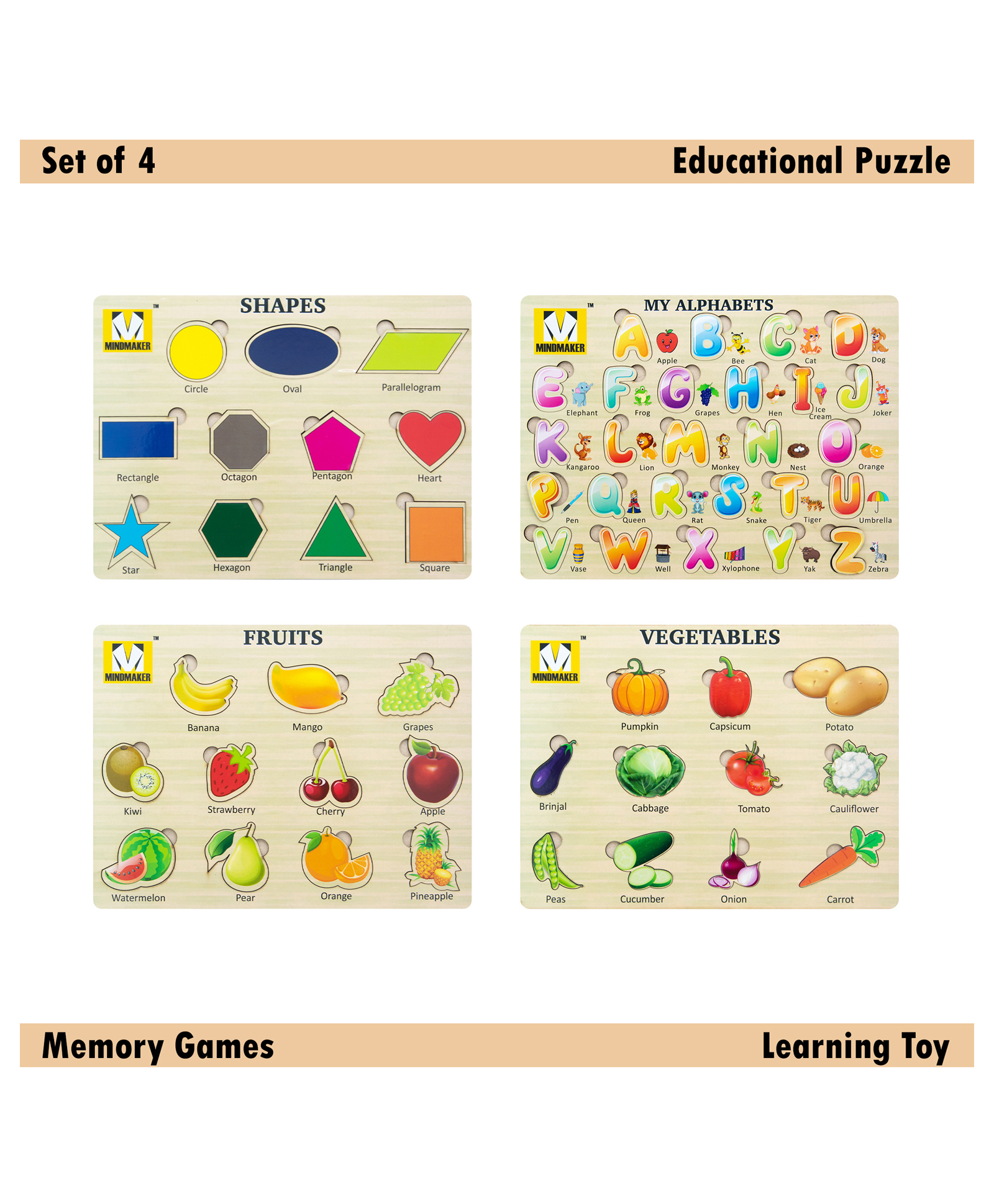 Mindmaker - Wooden Puzzle Without Knobs Educational and Learning Toy for Kids (Set of 4 Puzzles)-picture-22