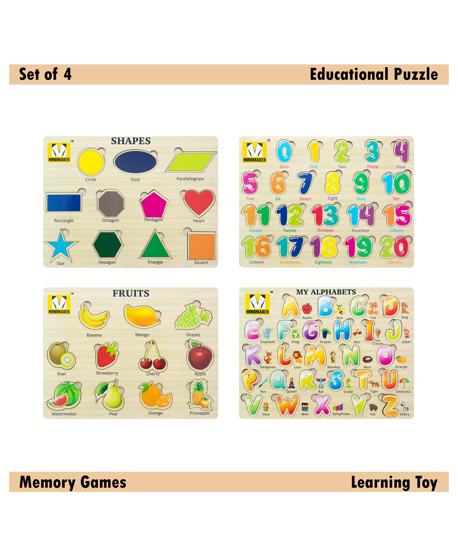 Mindmaker - Wooden Puzzle Without Knobs Educational and Learning Toy for Kids (Set of 4 Puzzles)(Color May Vary)-image-33