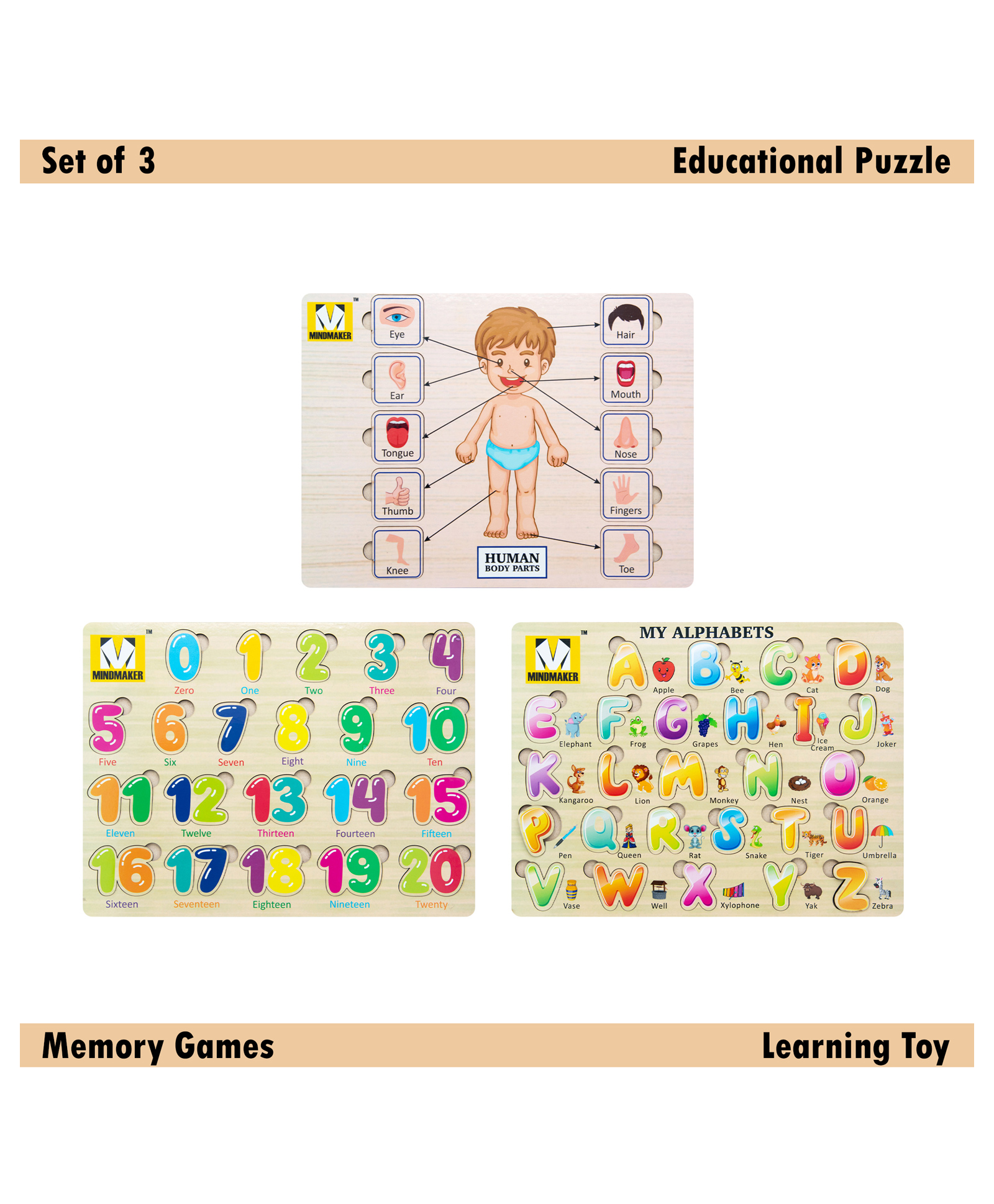 Mindmaker Wooden Puzzle Without Knobs Educational and Learning Toy for Kids Set of 3 Puzzles( Color May Vary)-image-34