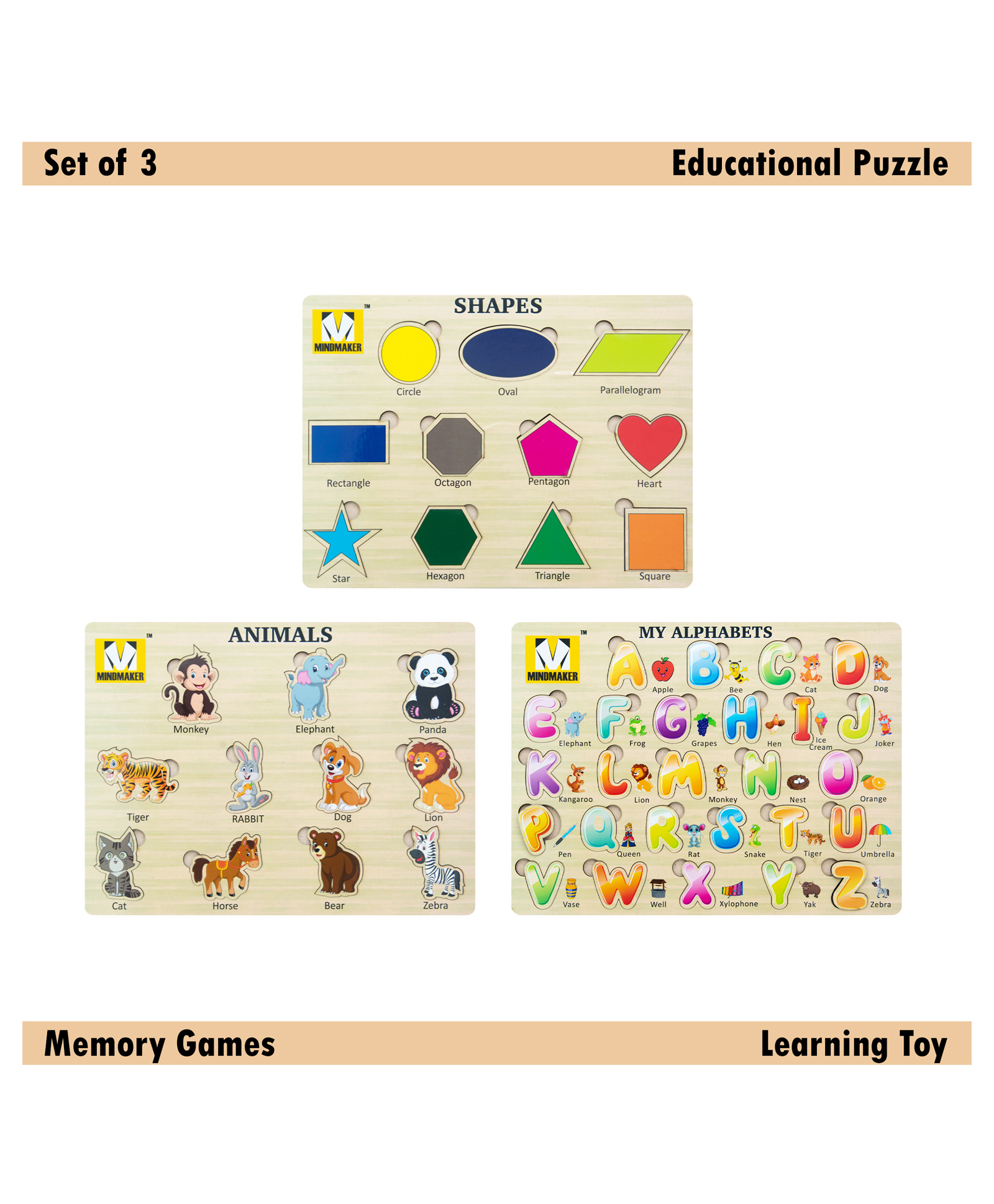 Mindmaker - Wooden Puzzle Without Knobs Educational and Learning Toy for Kids (Set of 3 Puzzles)(Color May Vary)-picture-43
