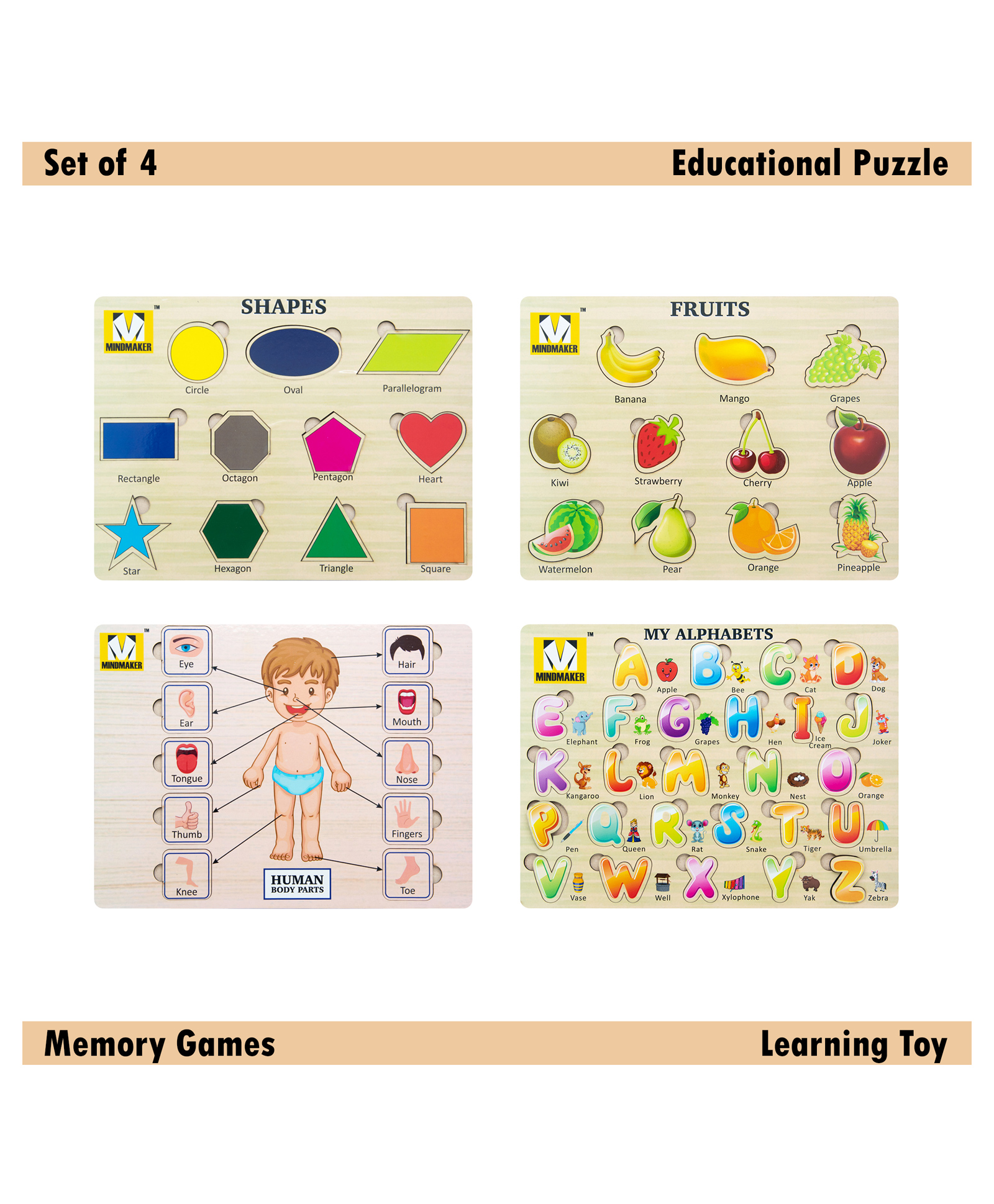 Mindmaker - Wooden Puzzle Without Knobs Educational and Learning Toy for Kids (Set of 4 Puzzles(Color May Vary)-picture-44