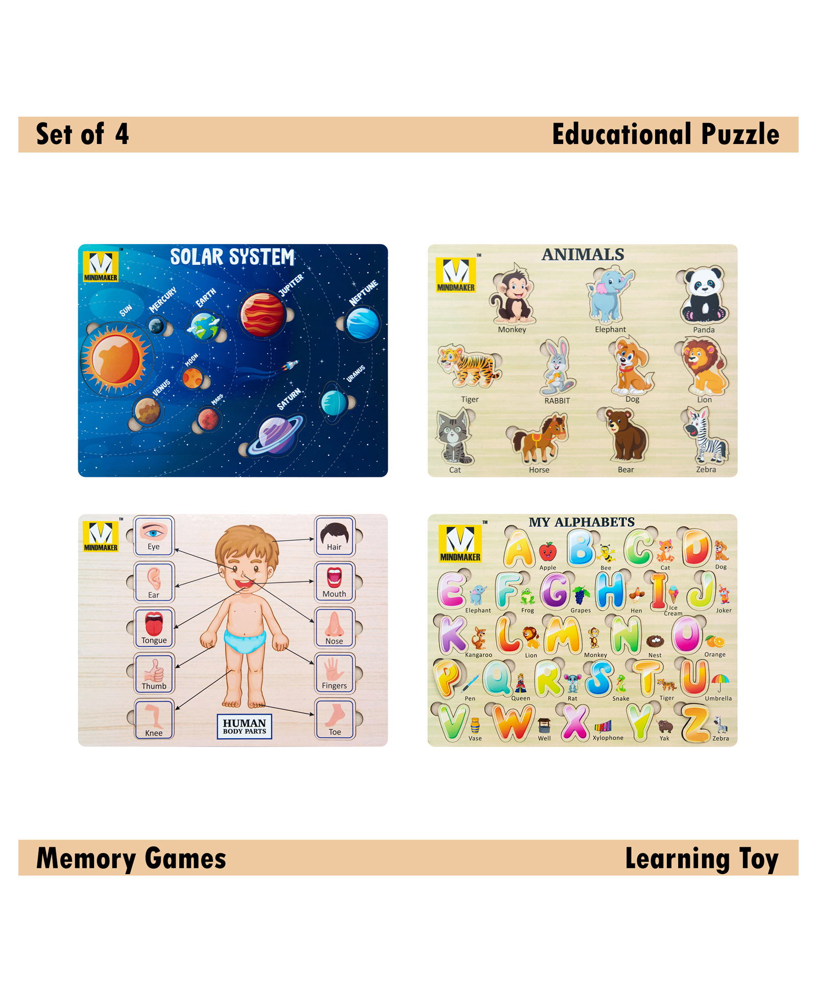 mindmaker Mindmaker- Wooden Puzzle Without Knobs Educational and Learning Toy for Kids (Set of 4 Puzzles)(Color May Vary)-picture-45