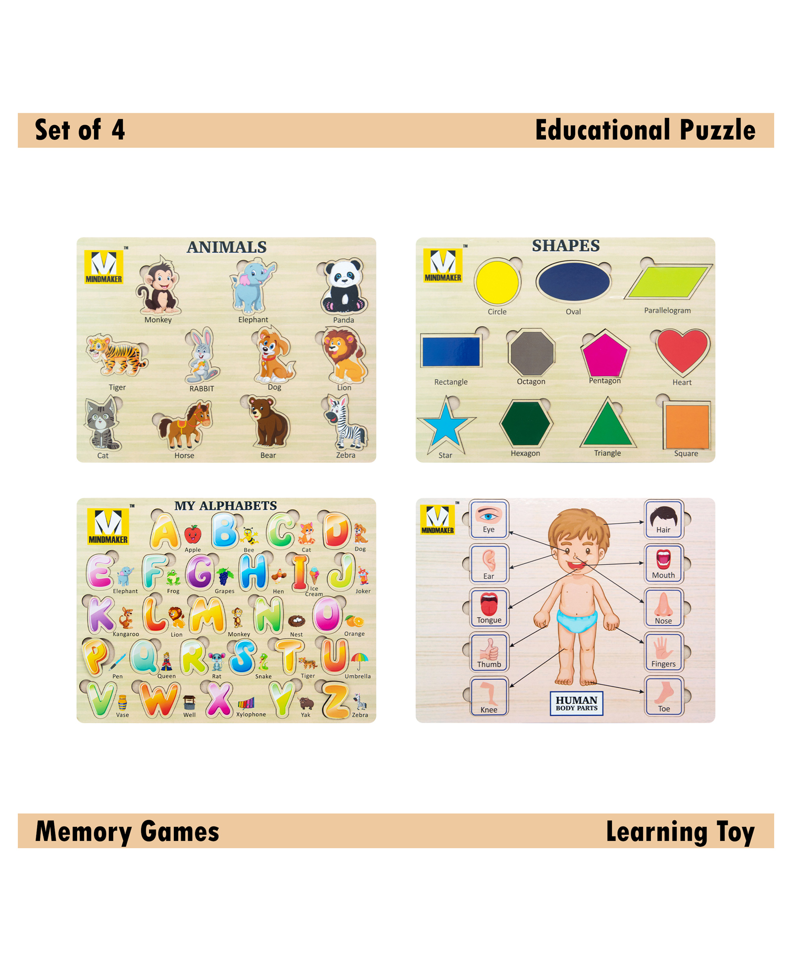Mindmaker - Wooden Puzzle Without Knobs Educational and Learning Toy for Kids (Set of 4 Puzzles)(Color May Vary)-picture-42