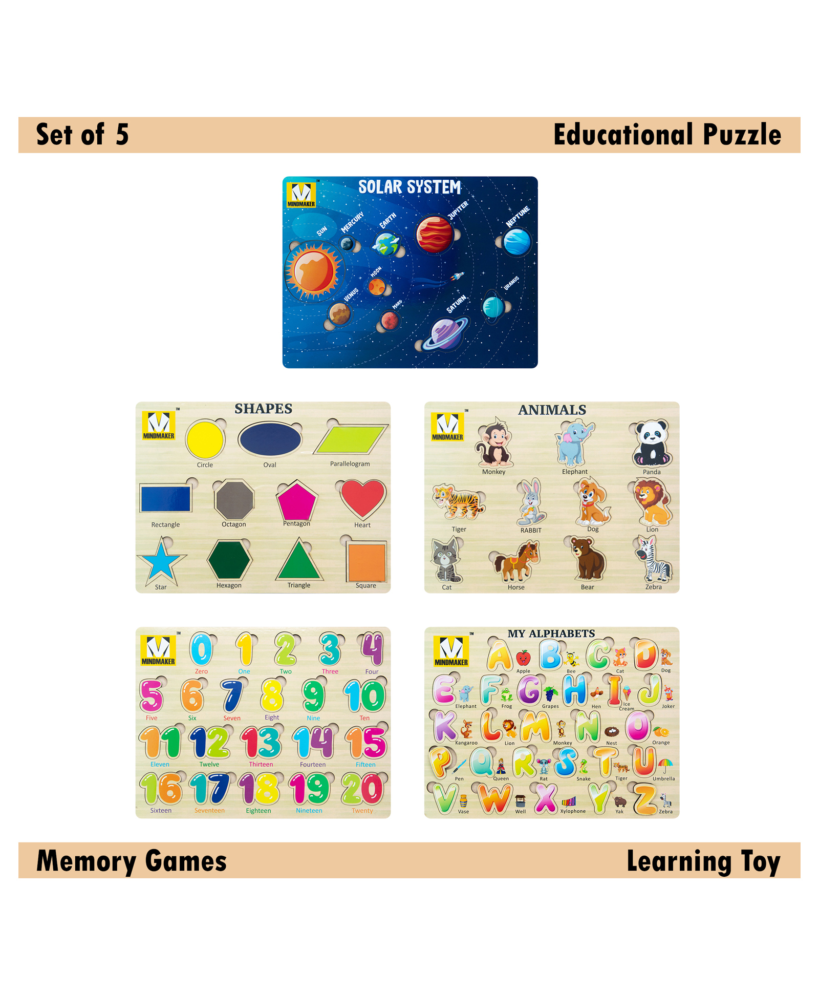 Mindmaker - Wooden Puzzle Without Knobs Educational and Learning Toy for Kids (Set of 5 Puzzles)-image-35