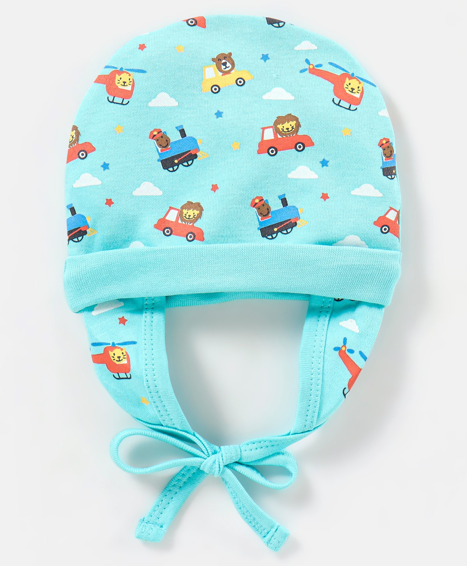 Babyhug 100% Cotton Vehicle Print Tie Knot Cap - Blue-image-3