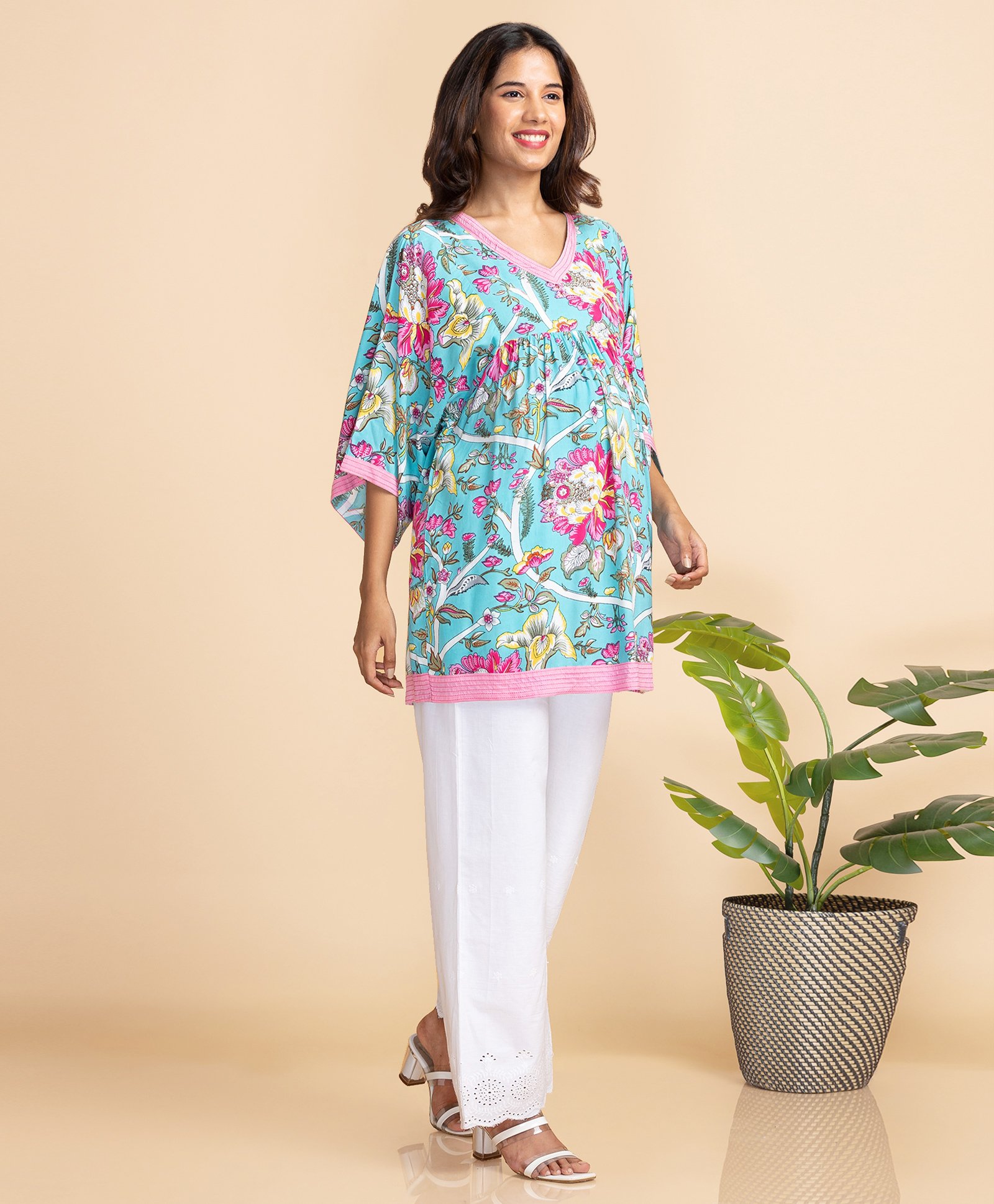 Bella Mama Three Fourth Sleeves Maternity Top Floral Print - Blue-image-6