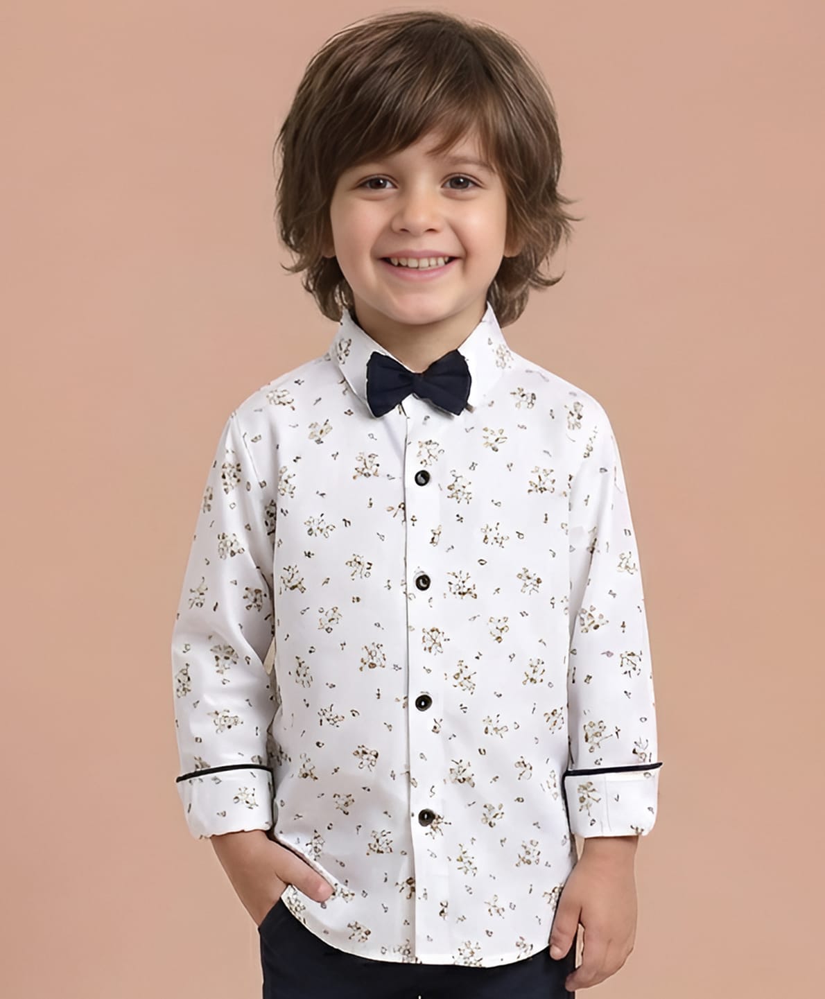 Polka Tots Full Sleeves Floral Print Shirt With Bow - White-image-9