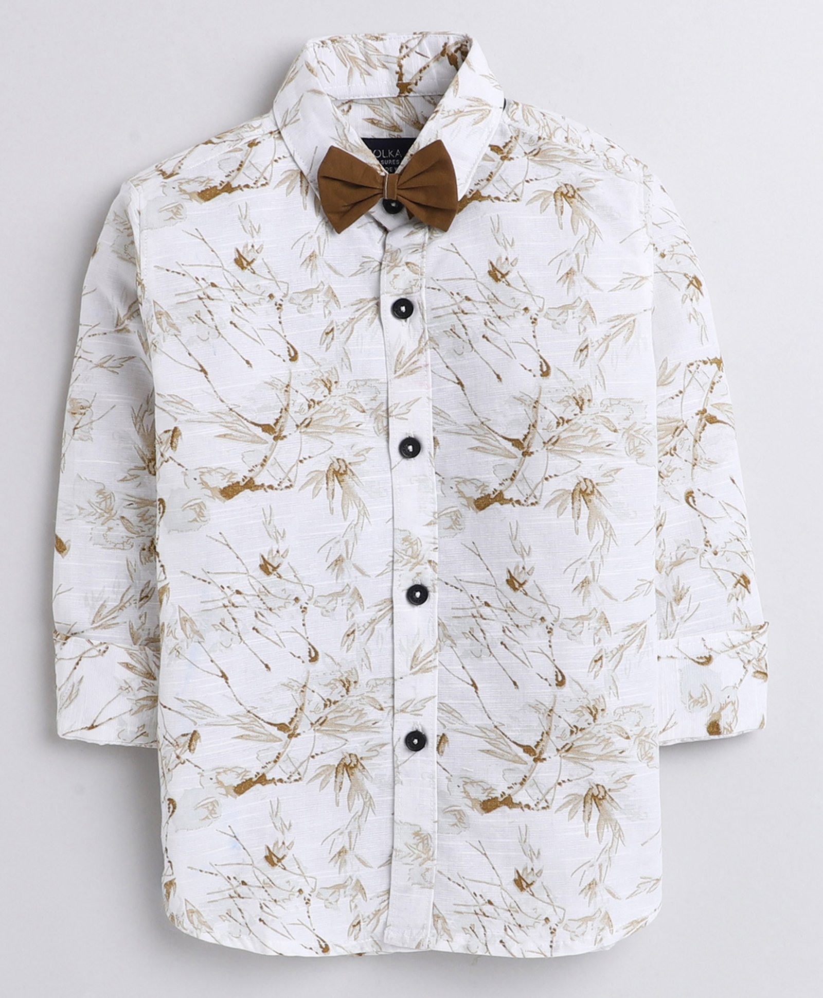 Polka Tots Full Sleeves Floral Print Shirt With Bow - Brown White-picture-14