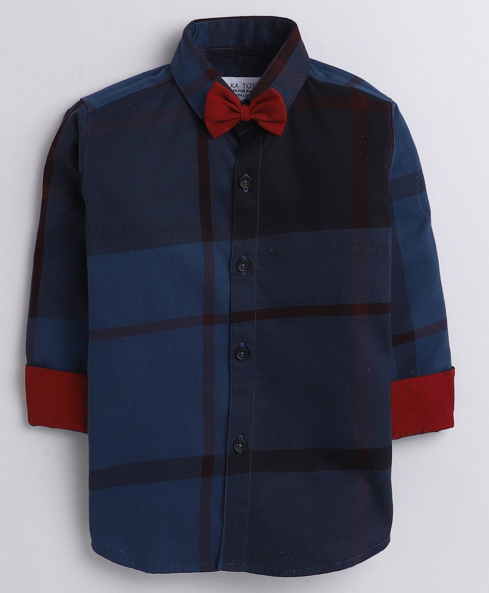Polka Tots Full Sleeves Window Pane Checked Shirt With Bow Tie - Blue-image-8