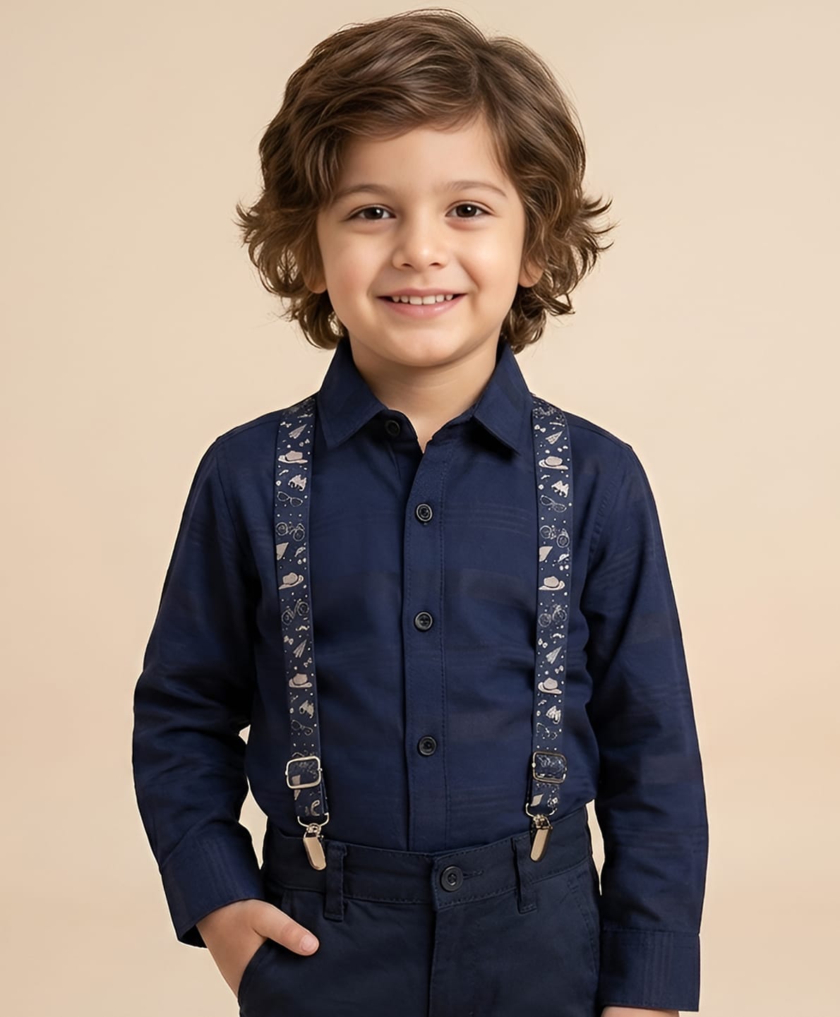 Polka Tots Full Sleeves Solid Shirt With Printed Suspender - Blue-image-47