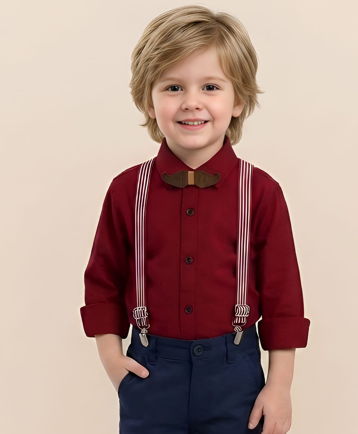 Polka Tots Full Sleeves Solid Party Shirt With Moustache Wood Bow Tie & Striped Suspender - Red-image-22