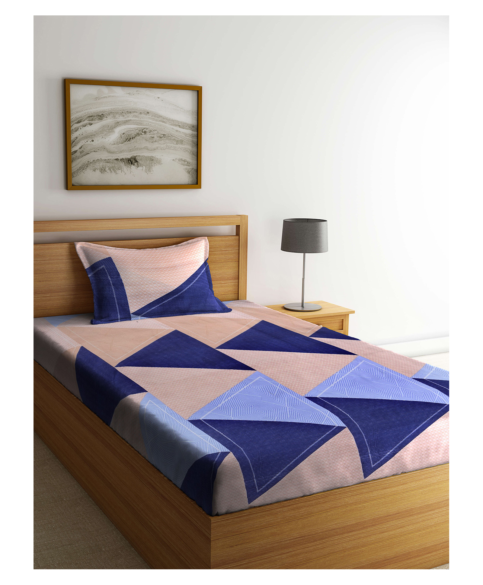 arrabi Arrabbi Single Bed Cotton Bedsheet and Pillow Cover - Blue & Peach-picture-28