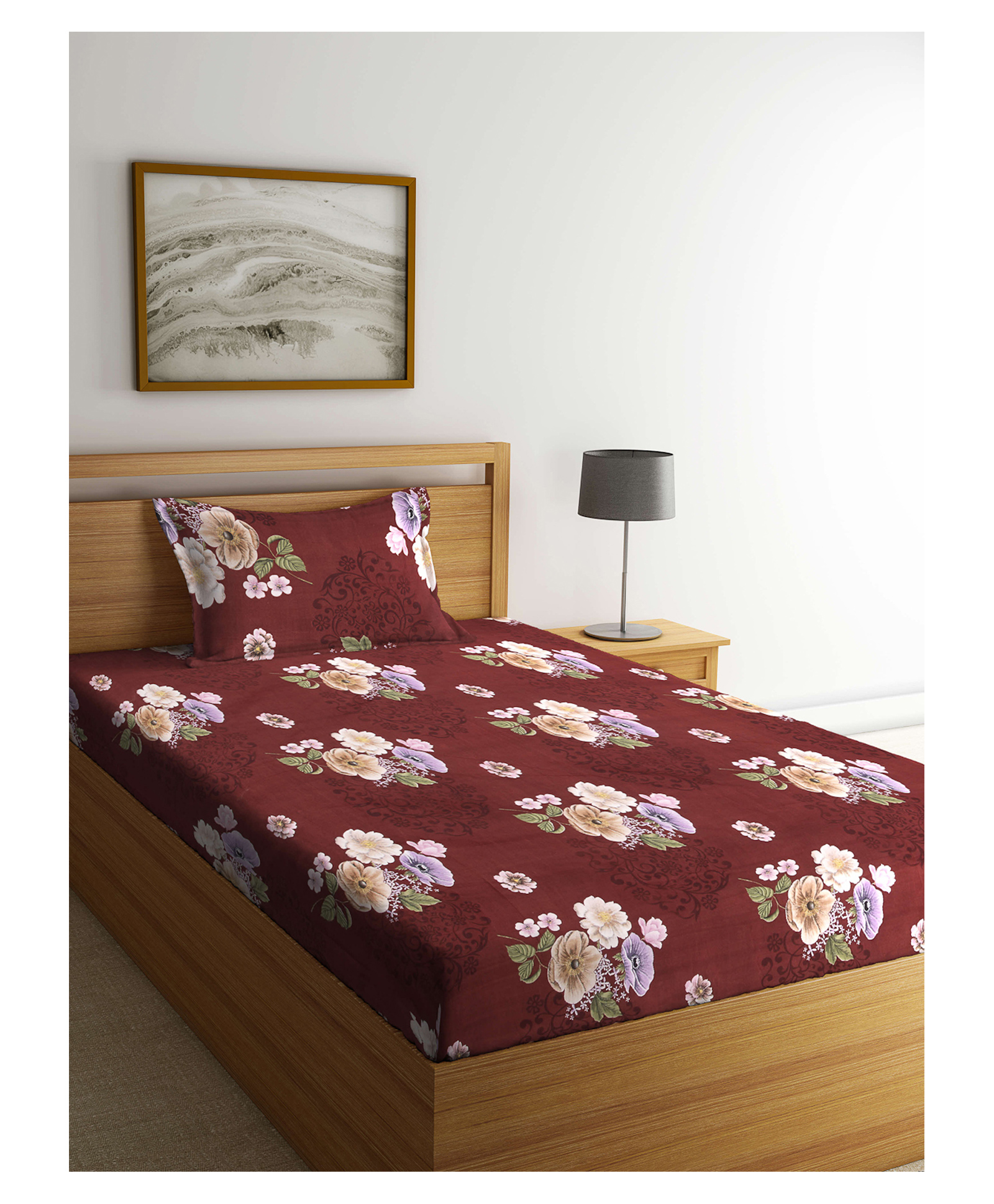 Arrabi Single Bed Cotton Blend Bedsheet and Pillow Cover - Brown-image-35
