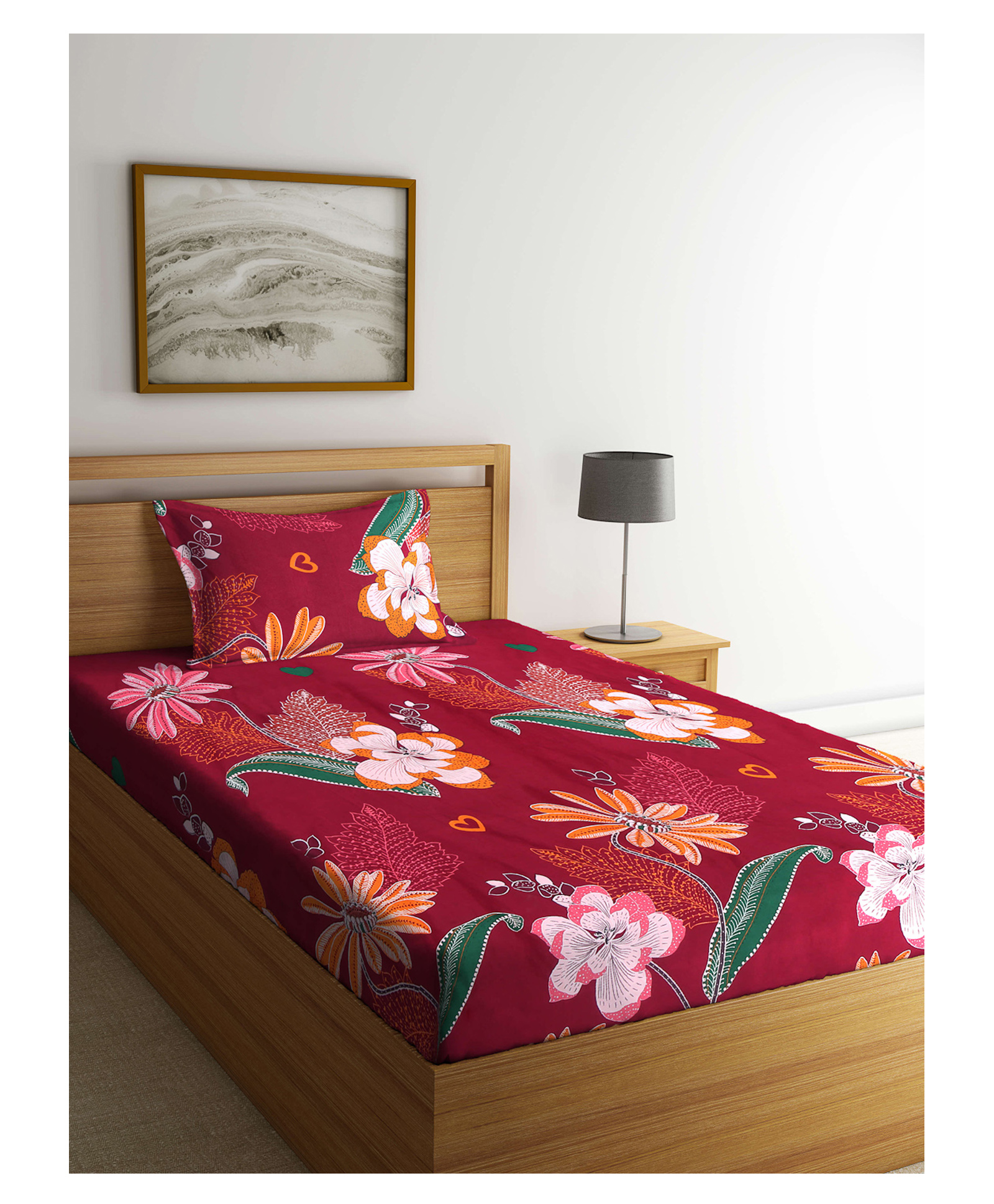 Arrabi Single Bed Cotton Bedsheet & Pillow Cover - Red-picture-11