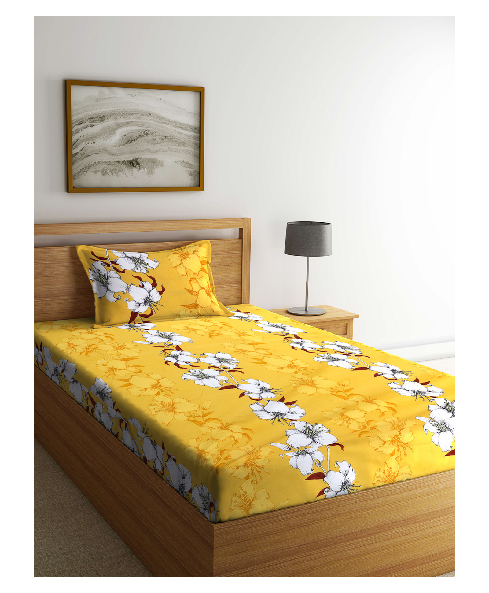 Arrabi Single Bed Cotton Blend Bedsheet and Pillow Cover - Yellow-image-42
