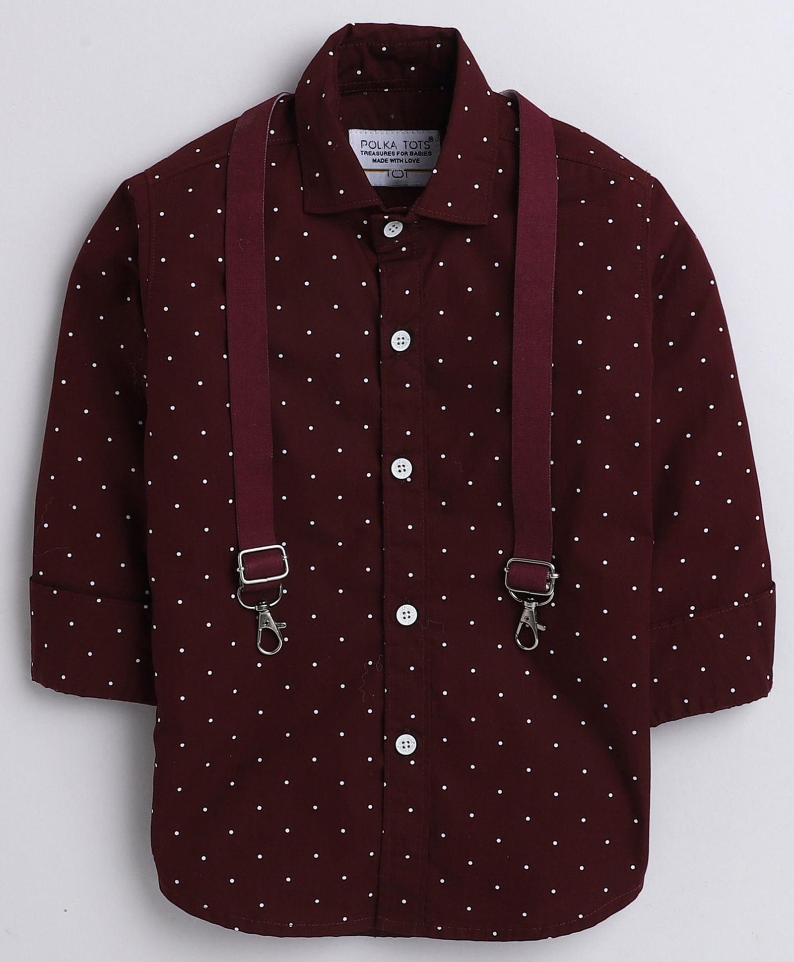 Polka Tots Full Sleeves Polka Dot printed Shirt With Suspender - Maroon-image-22