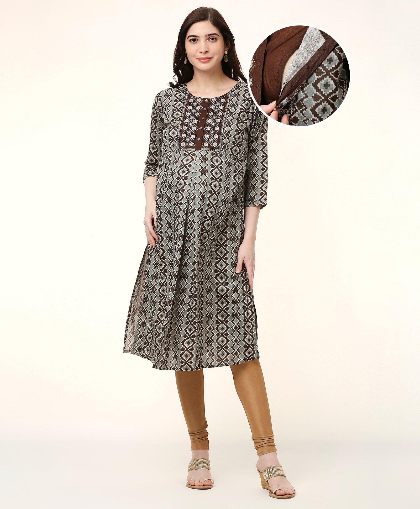 Bella Mama Woven Three Fourth Sleeves Maternity Nursing Kurta with Embroidery - Grey-image-1
