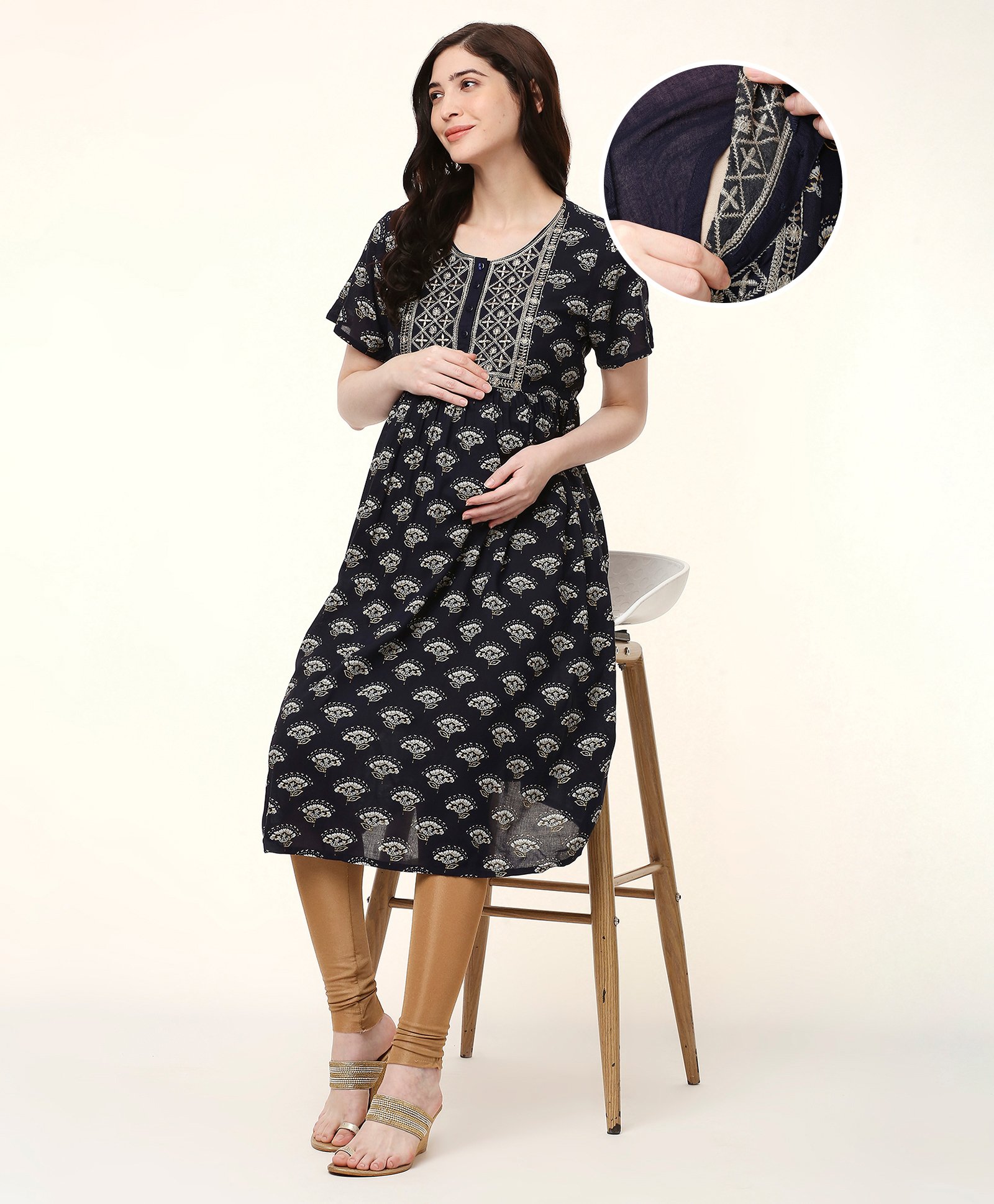 Bella Mama Woven Half Sleeve Maternity Nursing Kurta with Embroidery - Navy Blue-image-2