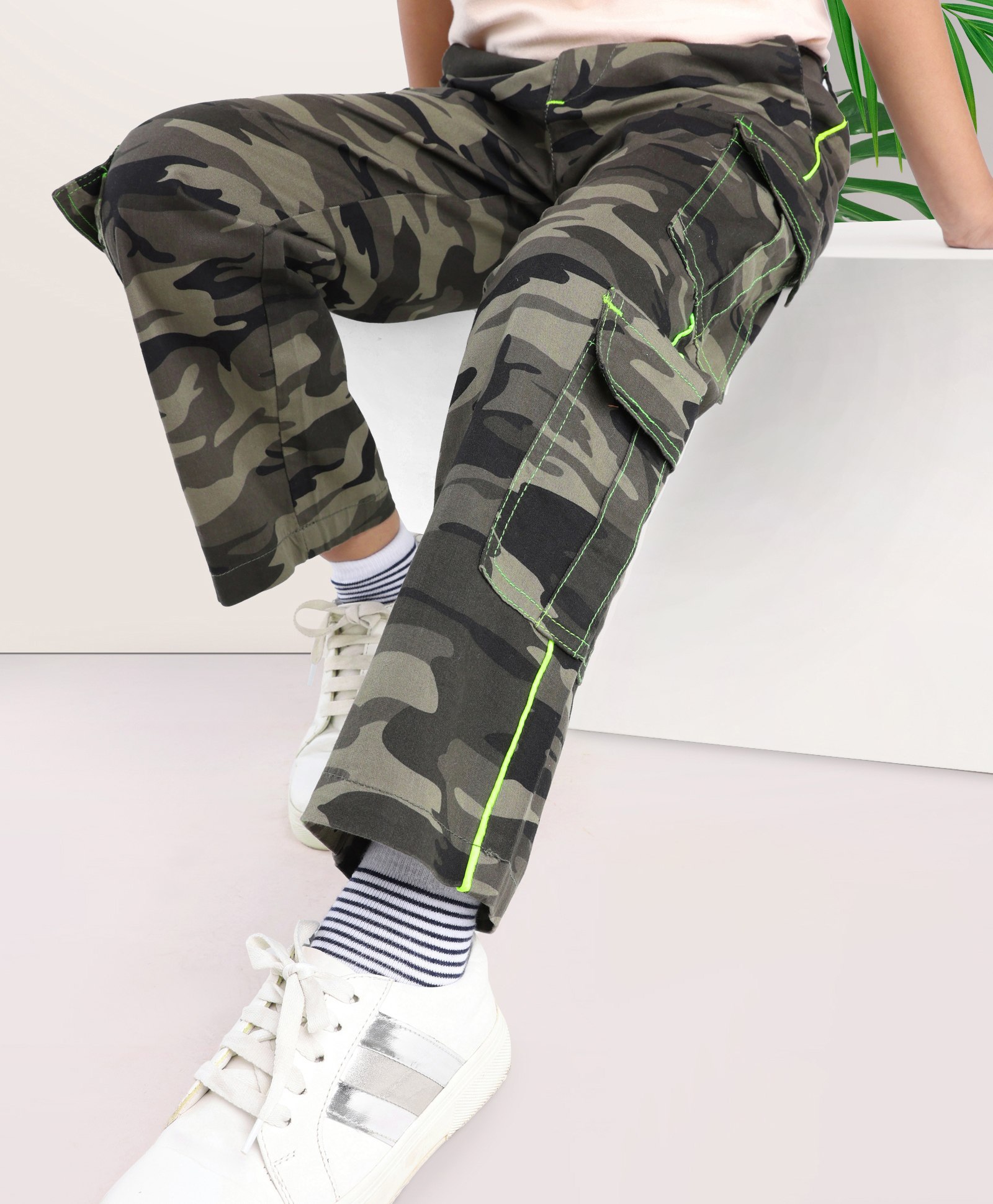 arias by lara dutta Arias cotton Stretch Woven Camoflouge Cargo Pants with neon green highlights - Olive-picture-14