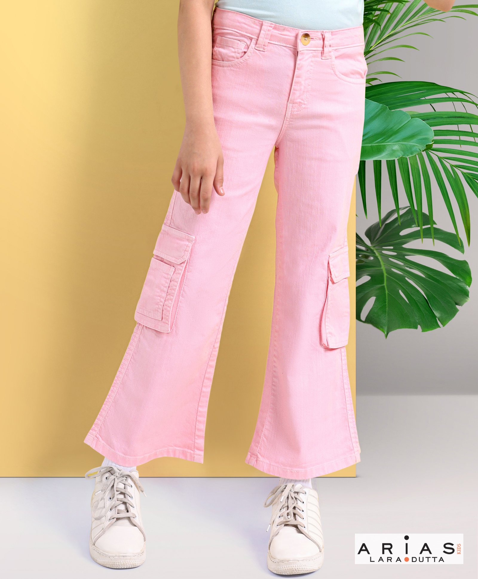 Arias Cotton Stretch Twill Washed Flared Full Length Pants with Cargo Pocket Detailing -Pink-image-35