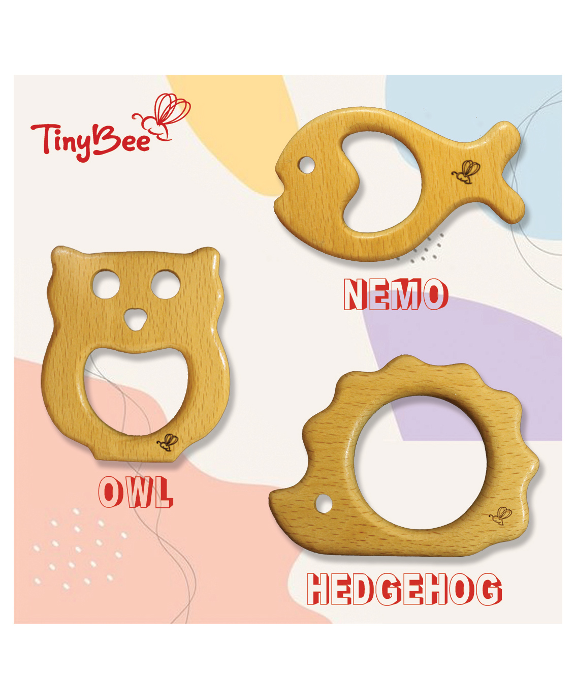 TinyBee Owl Hedgehog & Nemo Fish Wooden Teethers Pack of 3 - Brown-image-4