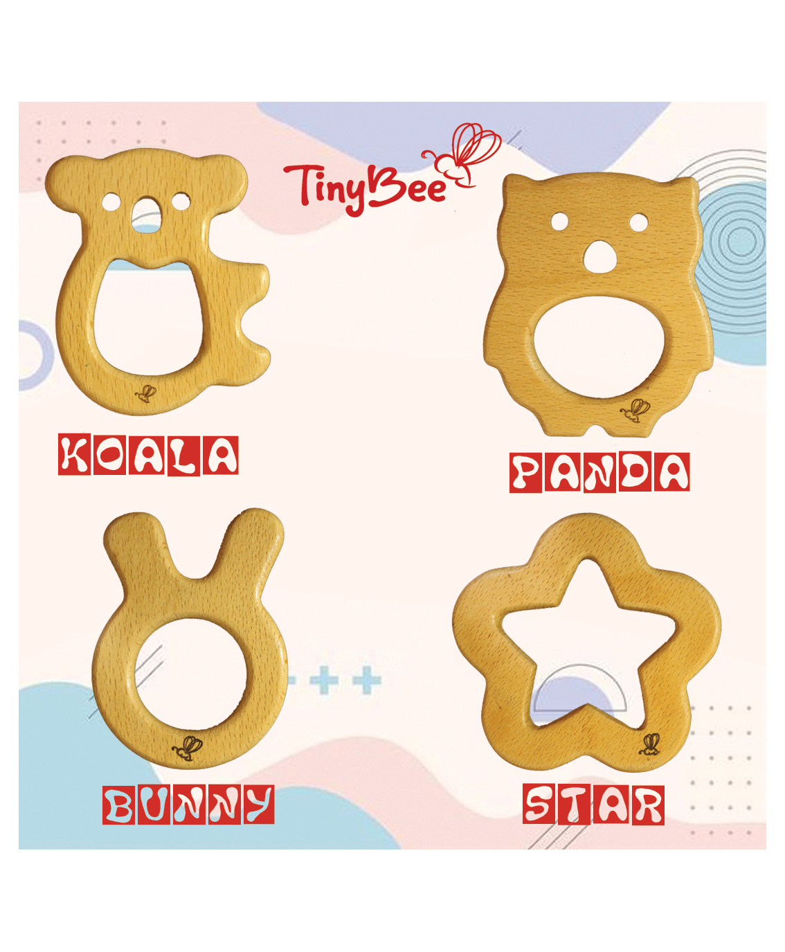TinyBee Koala, Panda, Star & Bunny Wooden Teethers Pack of 4 - Brown-image-3