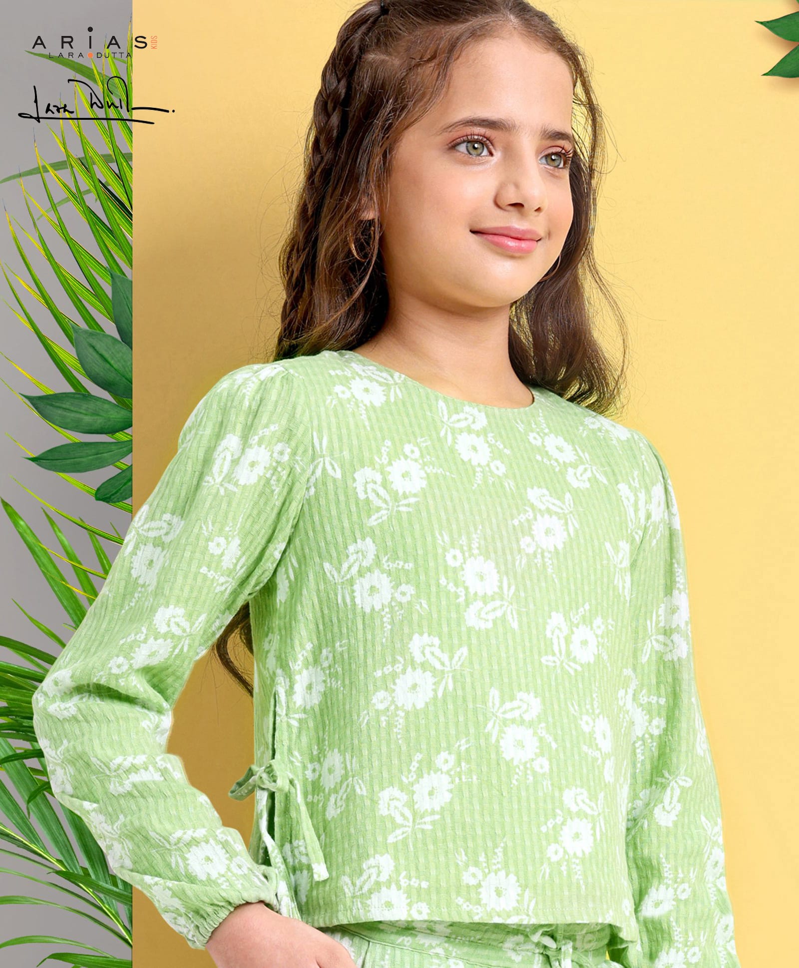 Arias 100% Cotton Dobby Printed Top with Side Slit - Green-image-6
