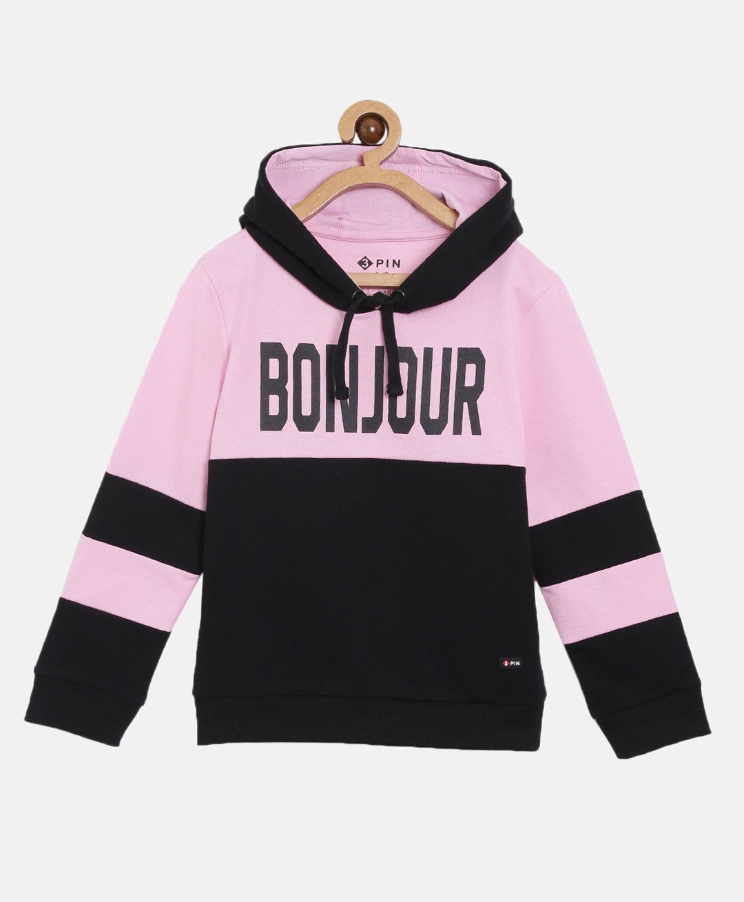 3PIN Full Sleeves Bonjour Colorblocked Hooded Sweatshirt - Pink-picture-37