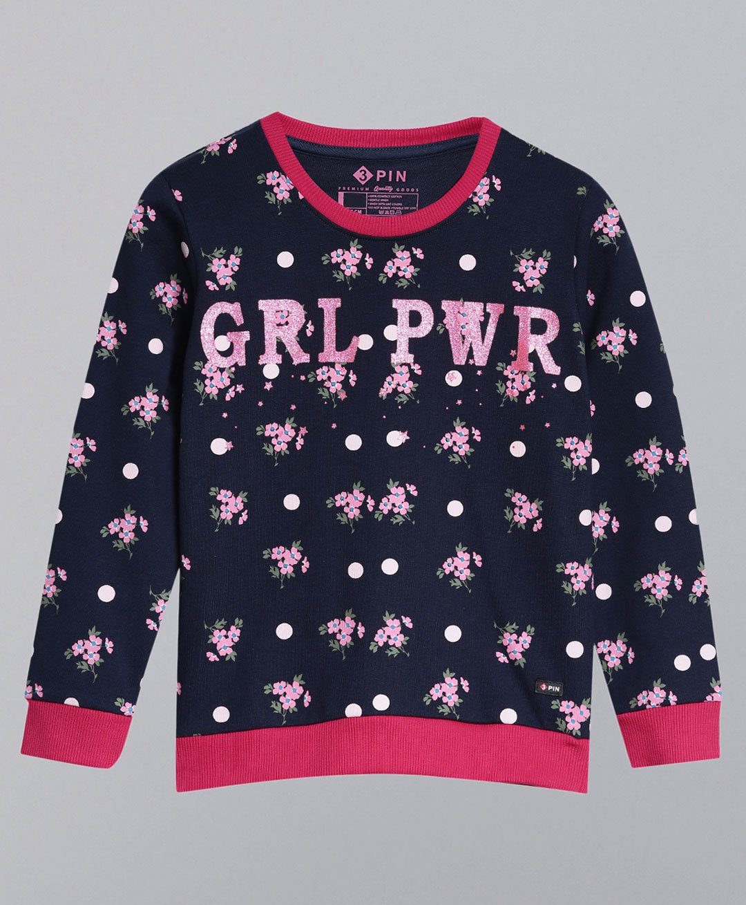 3PIN Full Sleeves Botanical Floral & Girl Power Glitter Printed Sweatshirt - Navy Blue-picture-10