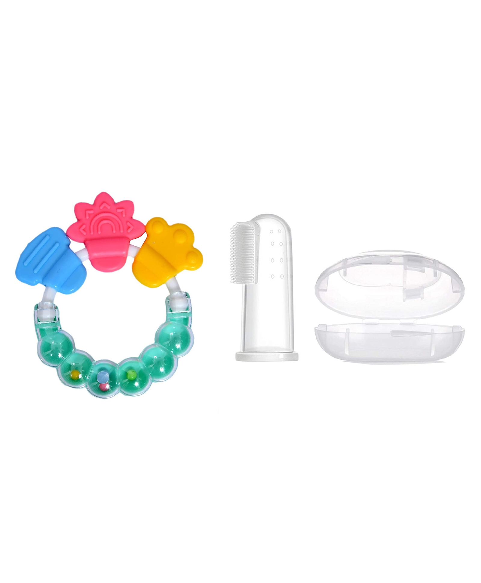 Enorme Round Shape BPA Free Silicone Bell Teether Ring with Finger Toothbrush for Infants - Multicolour-image-2