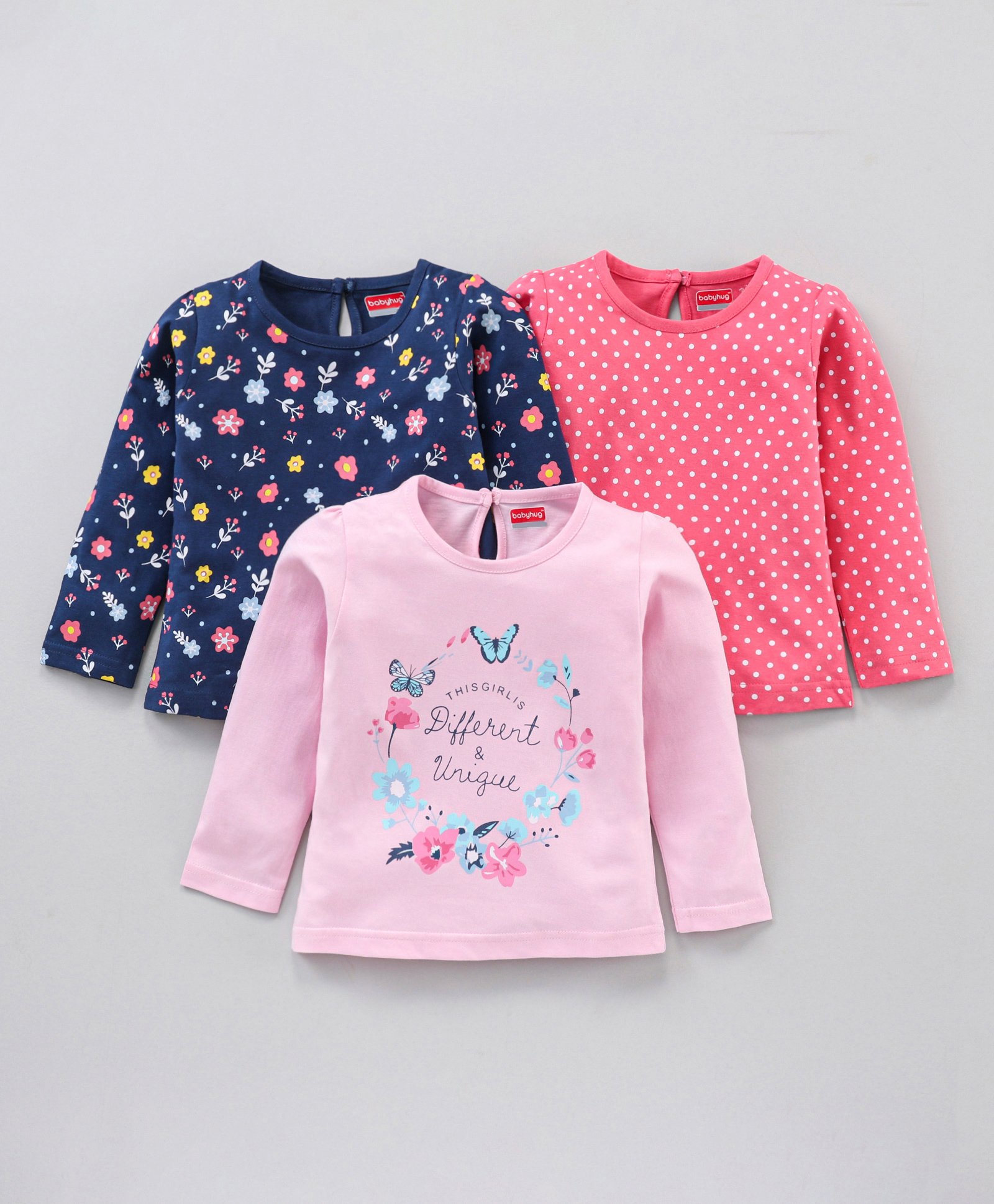 Babyhug Cotton Full Sleeves Tees Polka Dot & Floral Print Pack of 3- Multicolor-image-10