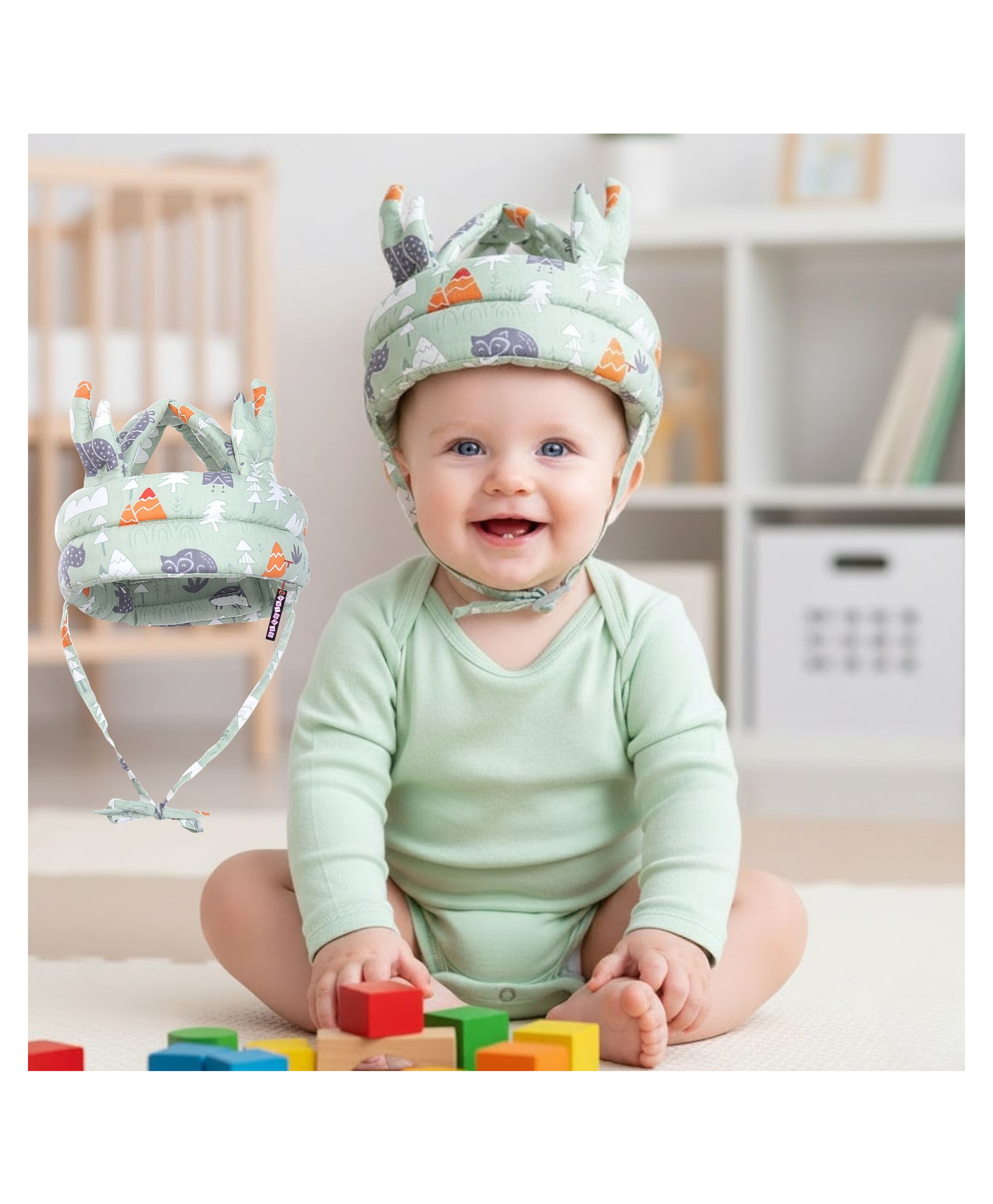 Bembika Baby Head Protector Cushion Safety Helmet Cap Forest Green Printed - Green-image-2