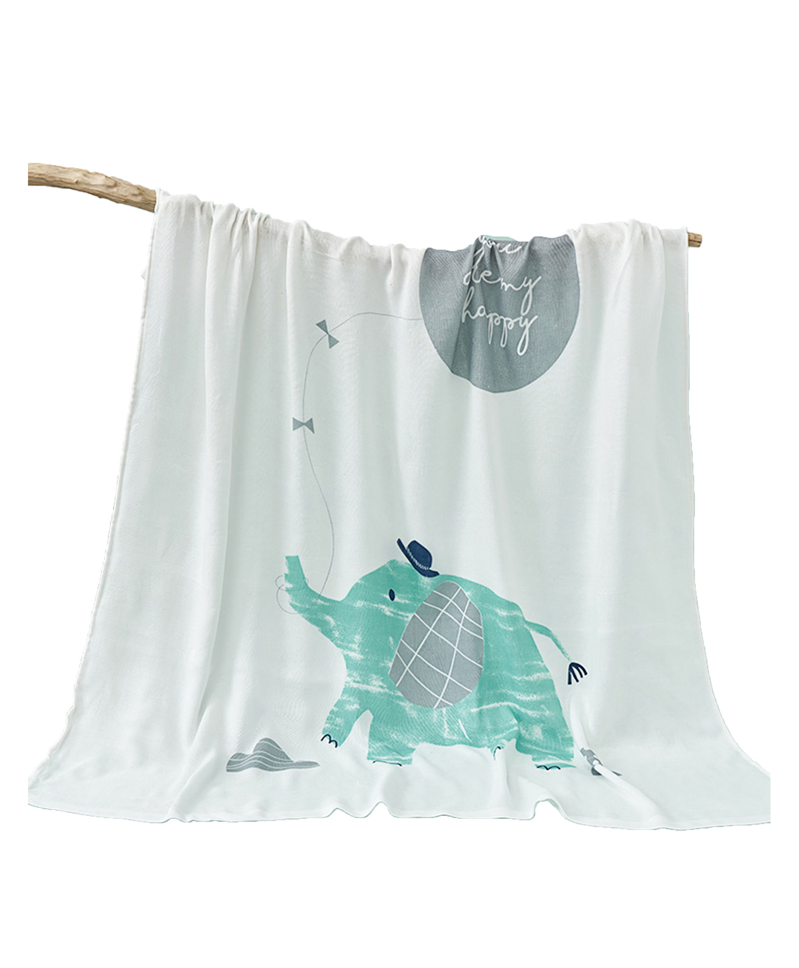 Bembika Bamboo Cotton Muslin Swaddle Blanket Baby Elephant Printed - White-picture-1