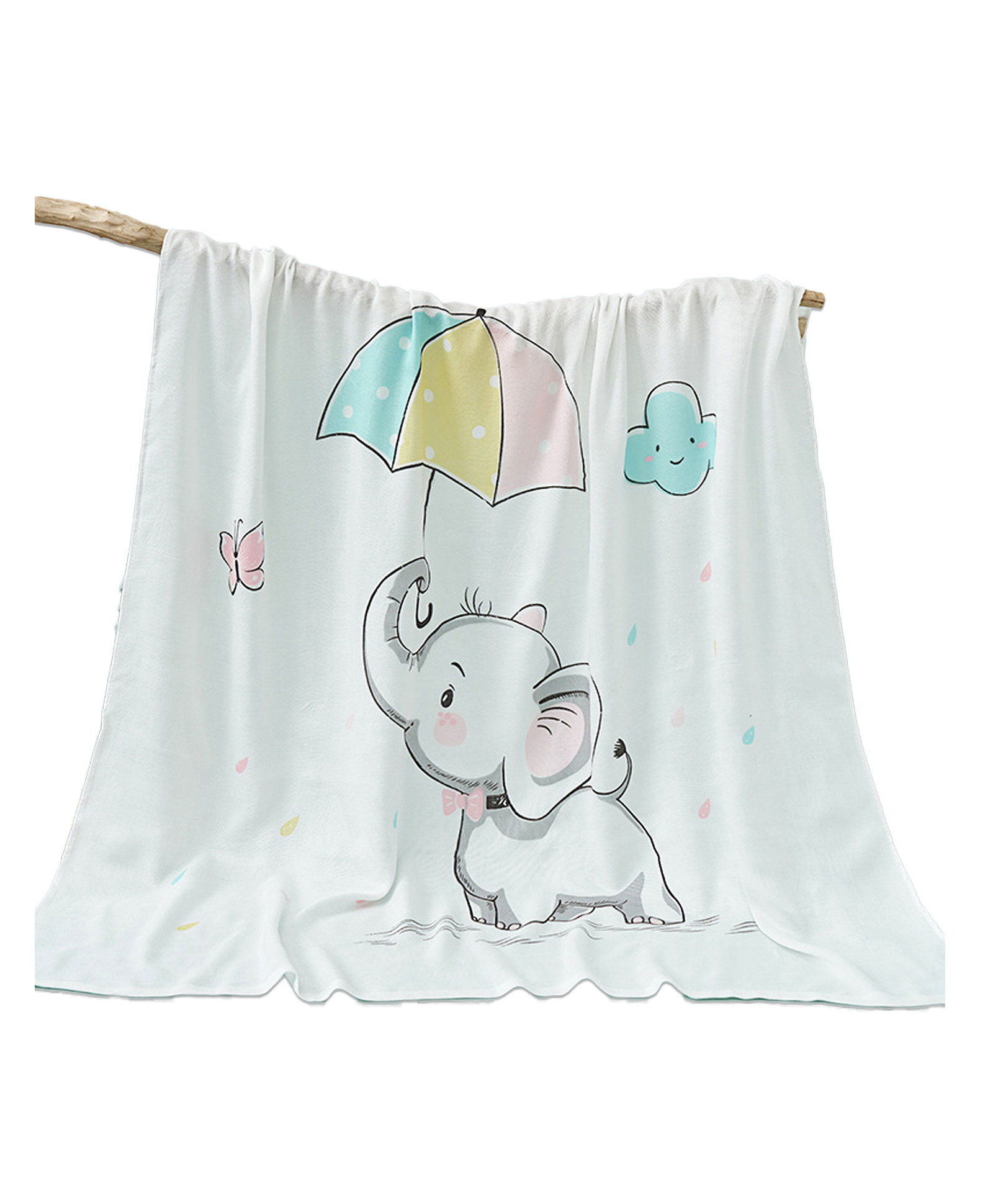 Bembika Bamboo Cotton Muslin Swaddle Blanket Baby Elephant Printed - White-image-28