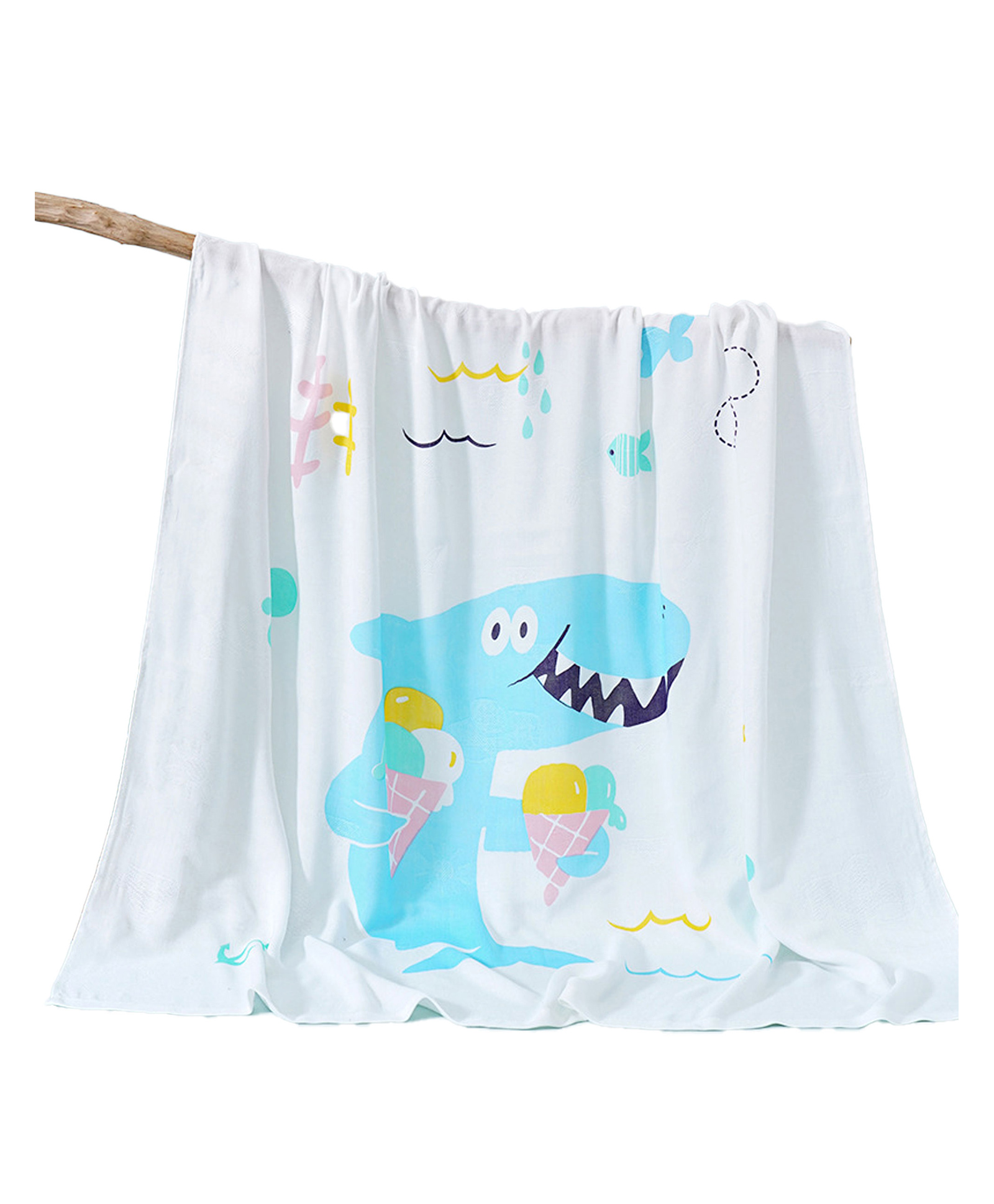 Bembika Bamboo Cotton Muslin Swaddle Blanket Baby, Ice Cream Shark Printed - White-image-29