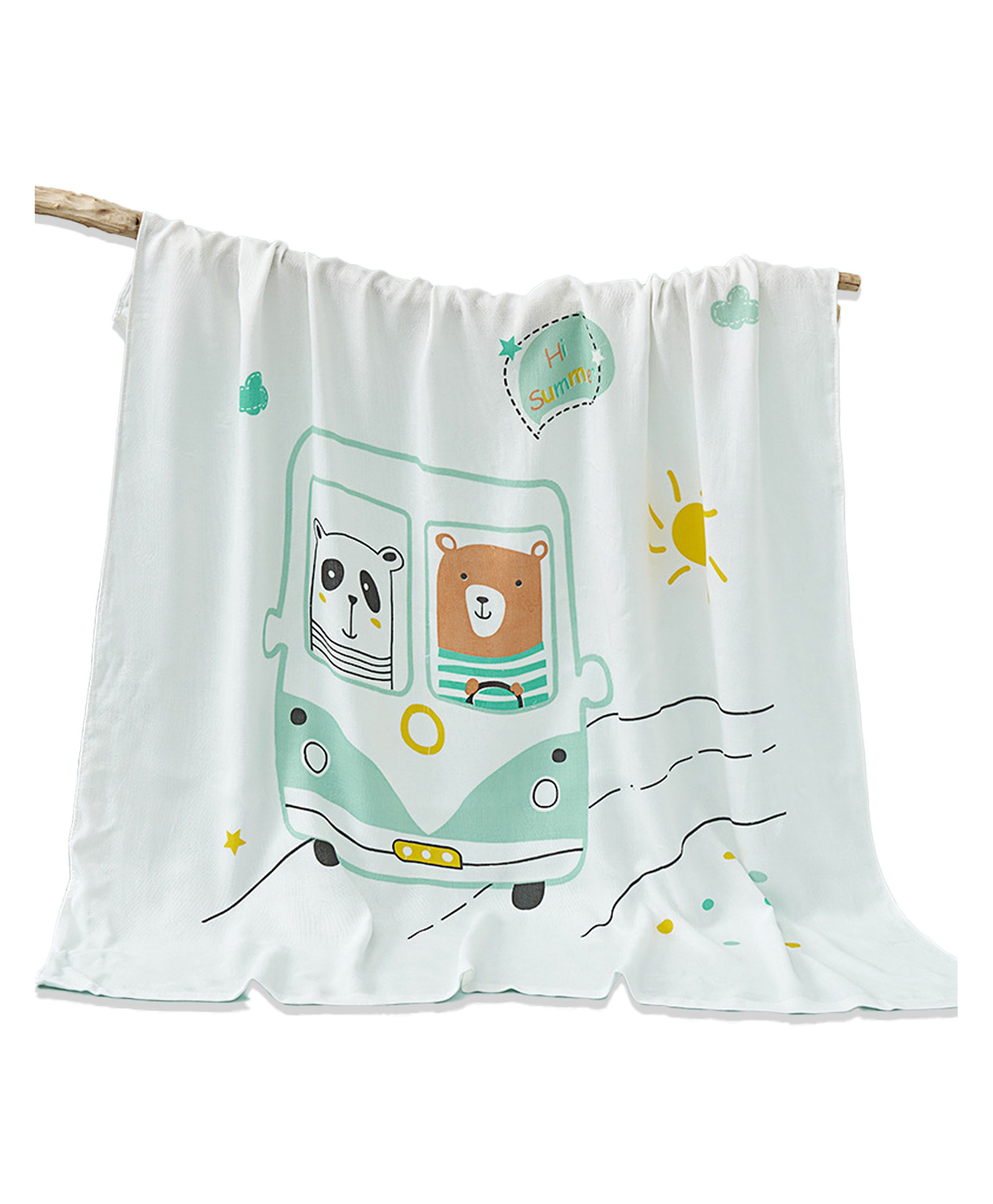 Bembika Bamboo Cotton Muslin Swaddle Blanket Baby, Panda Car Printed - White-picture-31