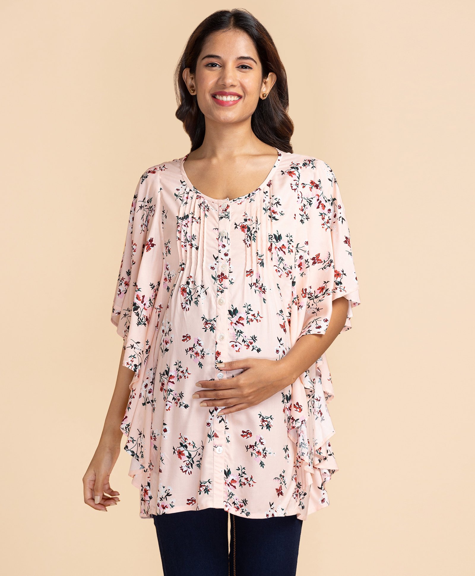 Bella Mama Three Fourth Sleeves Maternity Top Floral Print - Peach-image-8