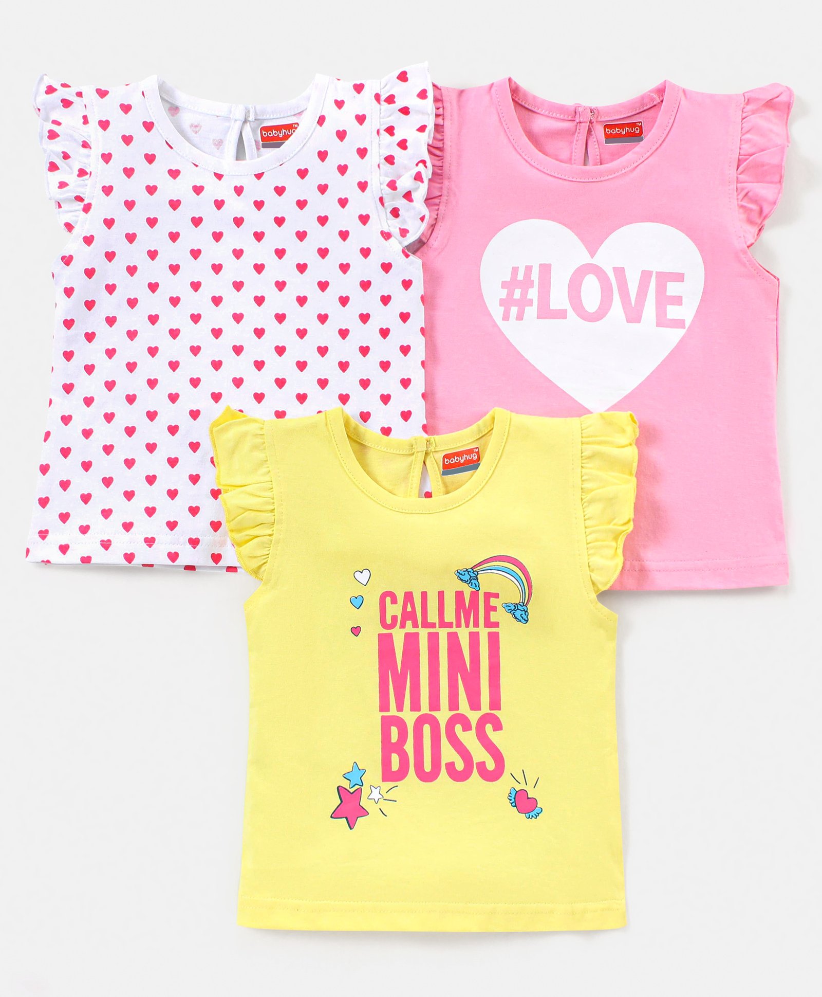 Babyhug 100% Cotton Knit Half Sleeves Love Print & Frill Detailing T-Shirt Pack Of 3 - Pink & Yellow-image-39