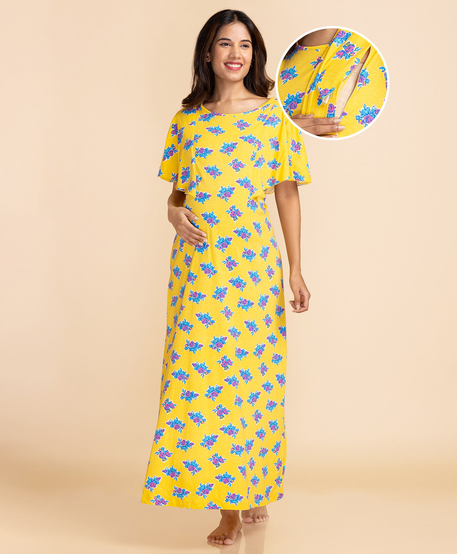 Bella Mama Cotton Knit Half SleevesFloral Printed Nursing & Maternity Nighty - Yellow-image-34