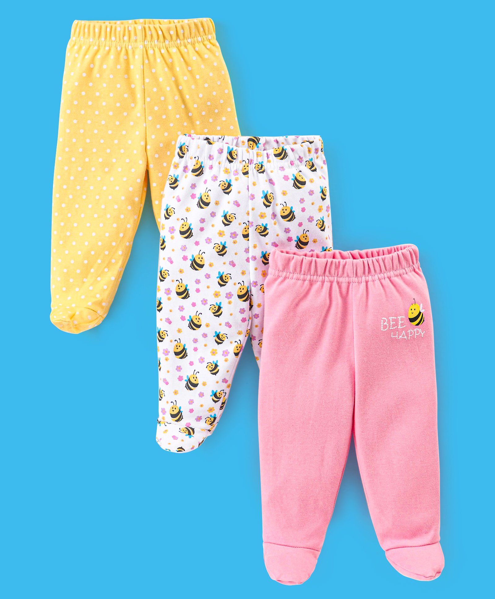 Babyhug Bootie Leggings Fairy Bee Print Pack of 3 - Yellow White & Pink-image-30