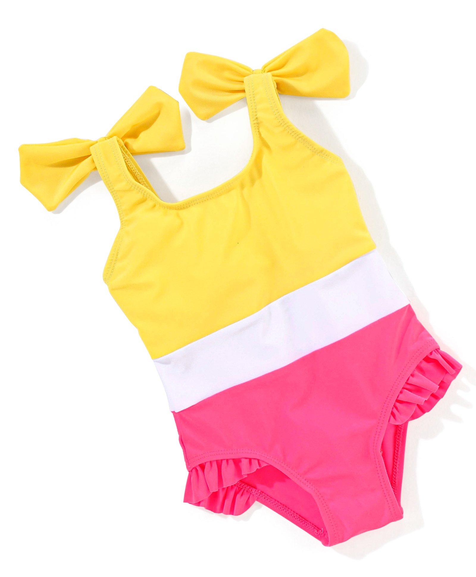 Babyhug Sleeveless V Cut Swimsuit Color Block Print- Yellow & Pink-image-1