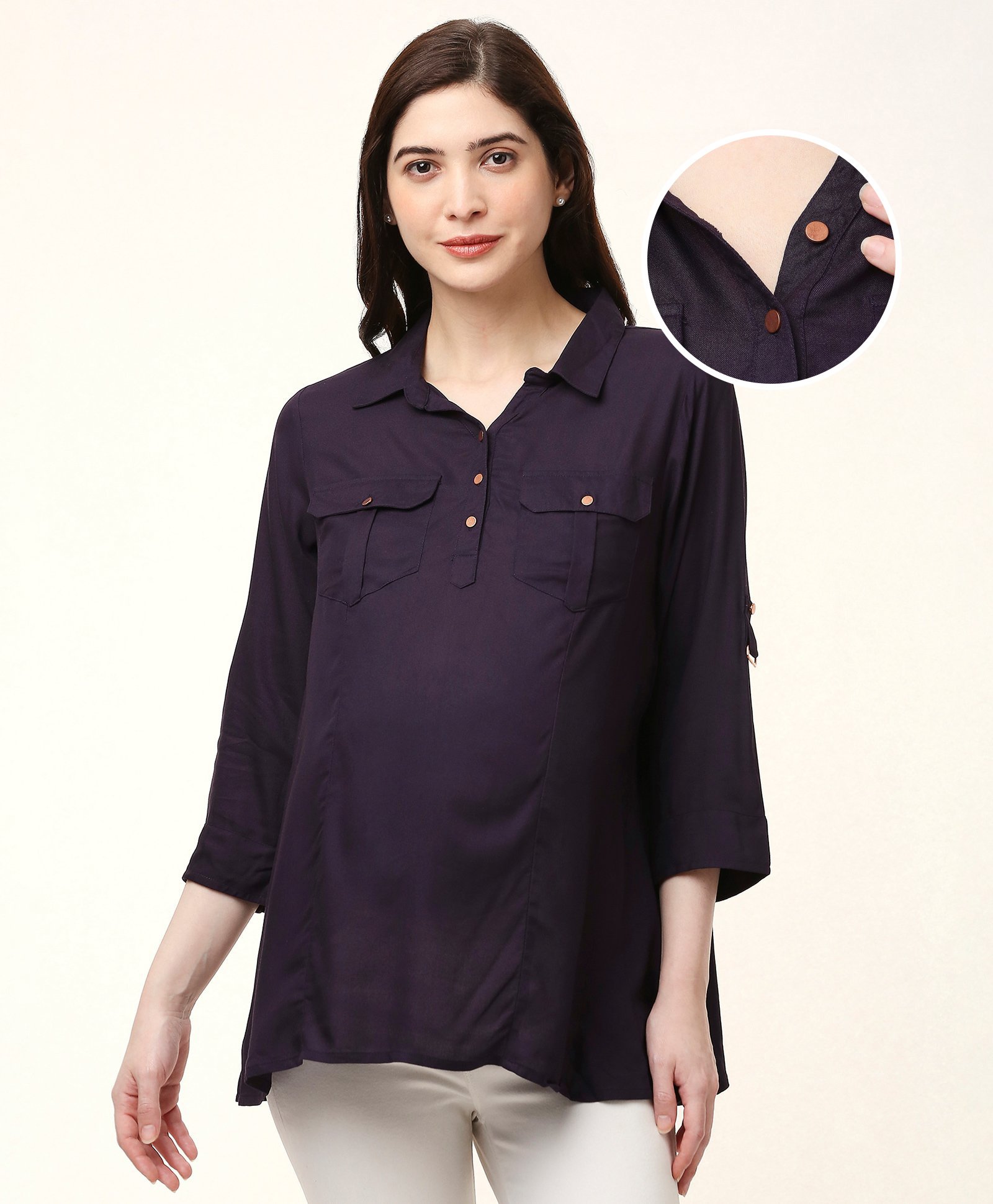 Bella Mama Woven Three Fourth Sleeves Solid Color Maternity Top with Patch Pockets - Navy-image-2