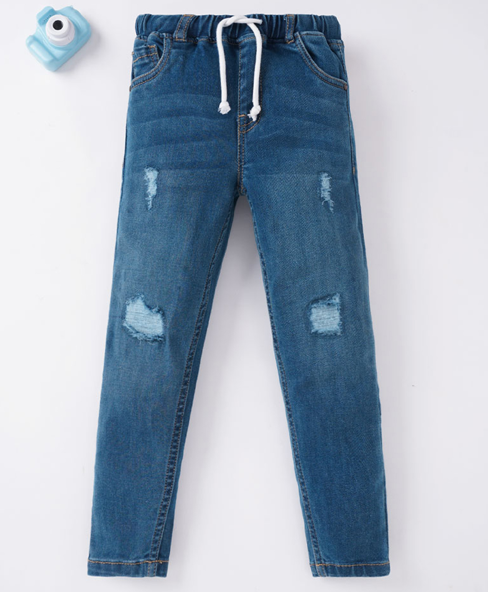 Ed-a-Mamma Sustainable Cotton Knit Distressed Denim Jogger Pant - Mid Blue-picture-11