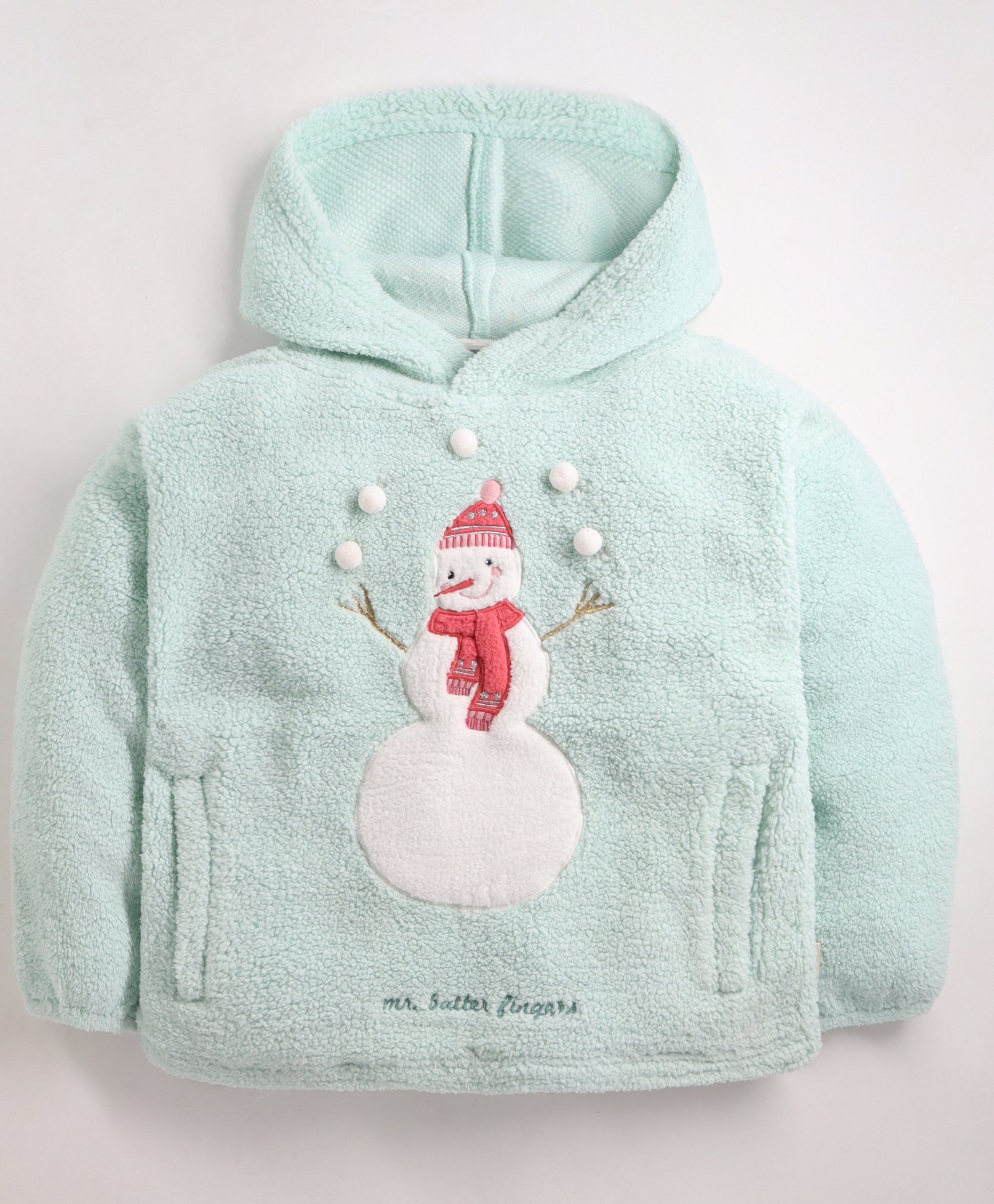 Cherry Crumble By Nitt Hyman Full Sleeves Self Textured & Snowman Embroidered Sherpa Hooded Sweatshirt - Mint Green-picture-18