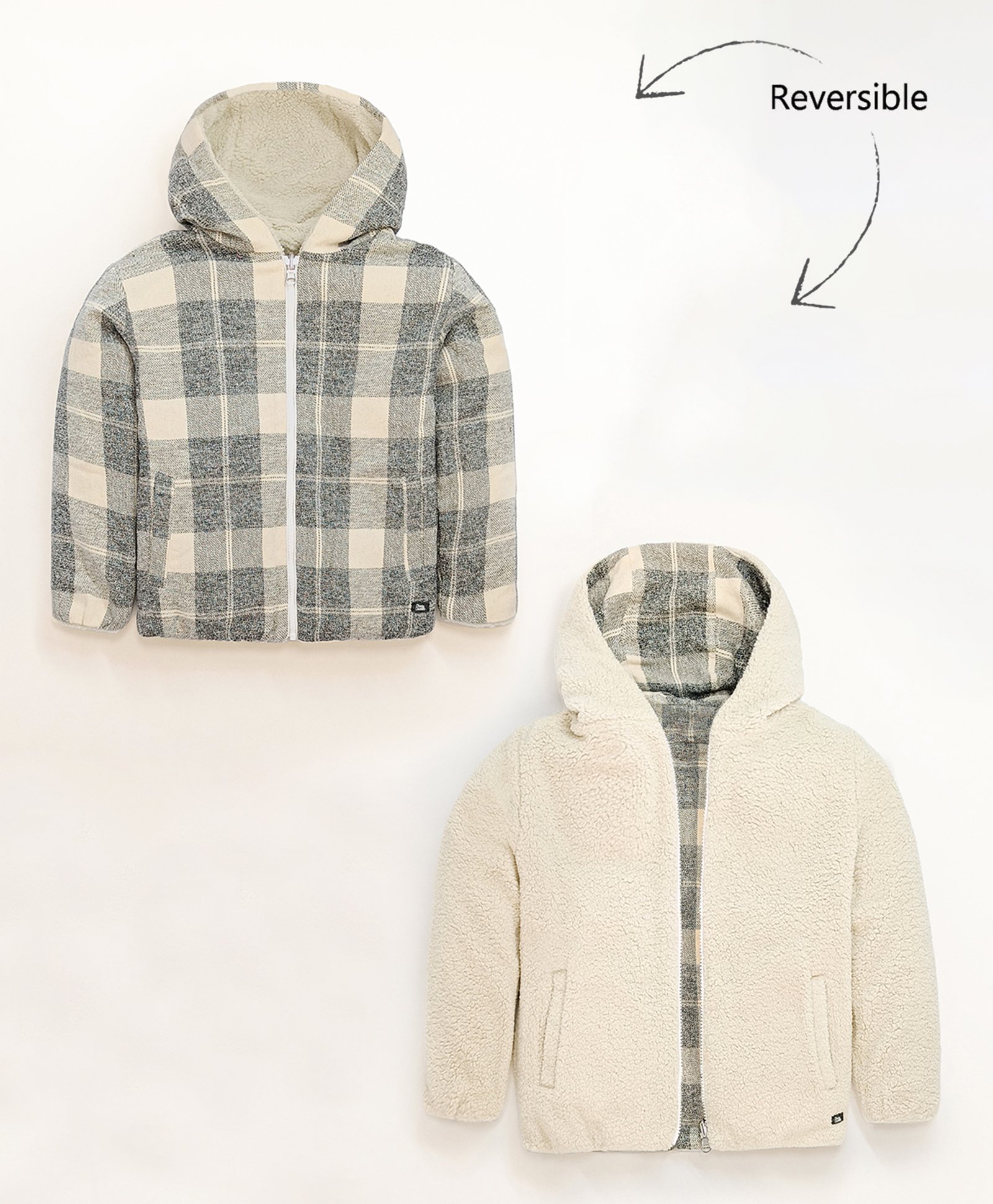 Cherry Crumble By Nitt Hyman Full Sleeves Woven Checked Reversible Sherpa Hooded Jacket - Black & Cream-image-6
