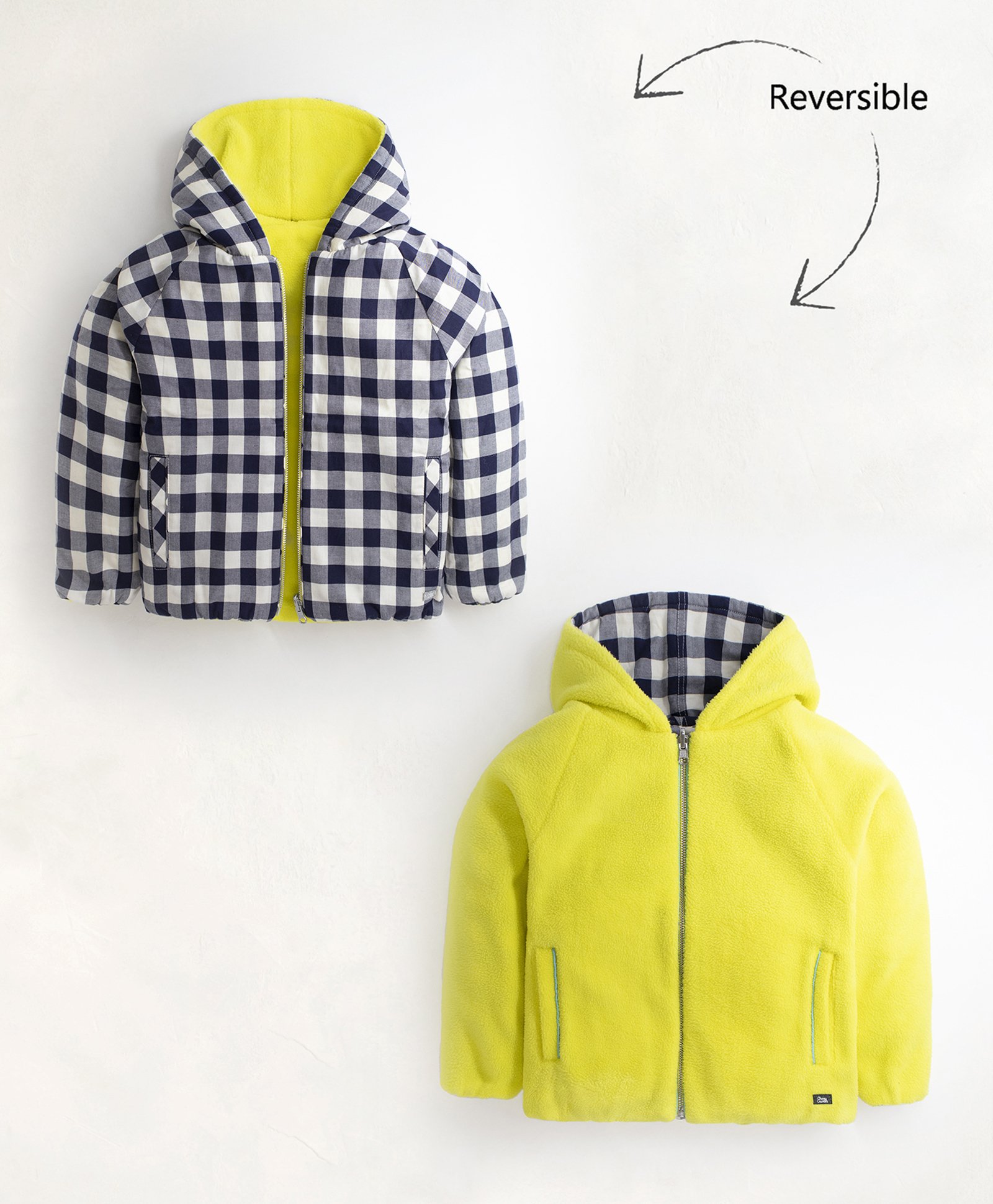 Cherry Crumble By Nitt Hyman Full Sleeves Gingham Checked & Solid Polar Fleece Reversible Hooded Jacket - Navy Blue & Yellow-image-17