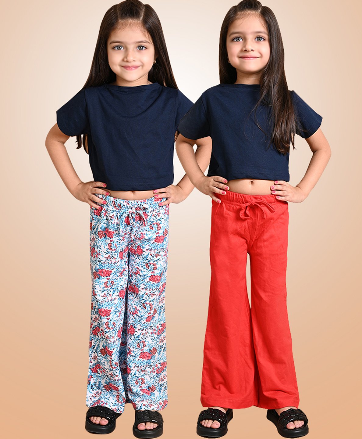 Lilpicks Couture Pack Of 2 Solid & Seamless Floral Printed Flared Pyjamas - Blue & Red-picture-28